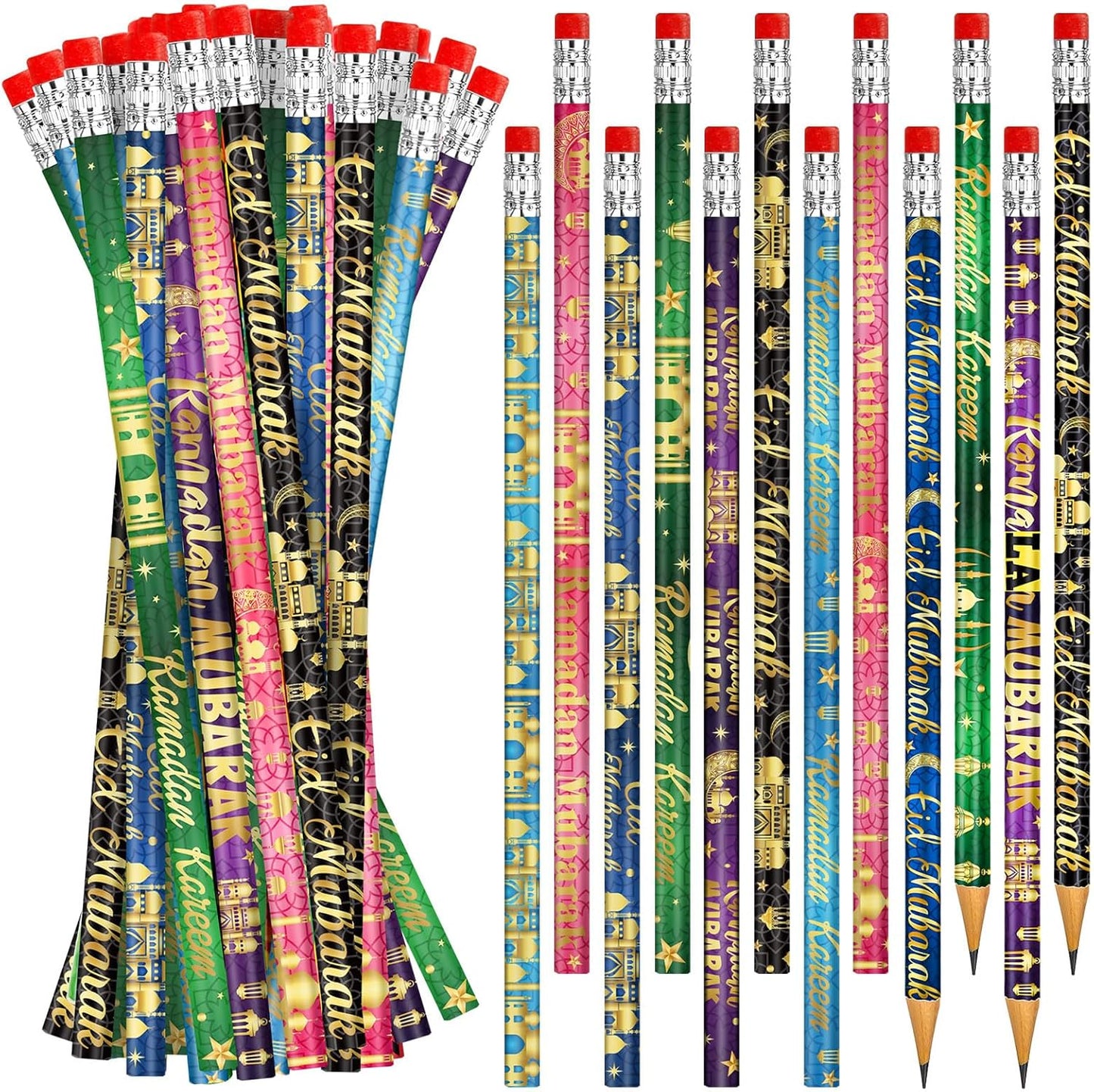 200 PCS Ramadan Pencils Eid Mubarak Wood Pencils with Eraser Ramadan Mubarak Party Favors Gifts Stationery Pencil Bulk for School Classroom Office Giveaways Prizes Islamic Party Favors Supplies