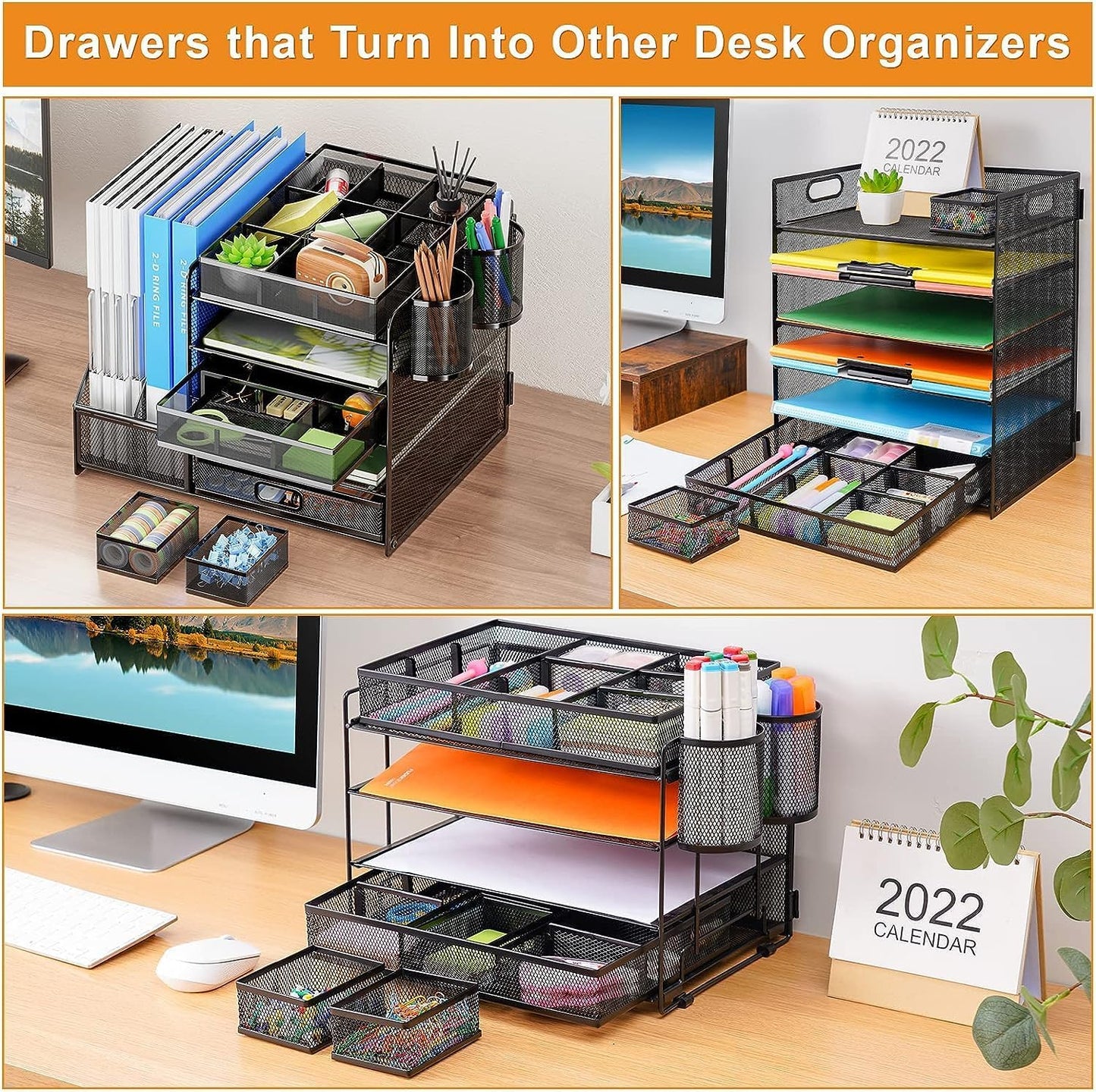 Marbrasse 3 Pack Desk Drawer Organizers with 9 Adjustable Compartments for Makeup, Office Supplies & Accessories (Black)