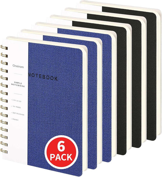 Lined Spiral Notebook College Ruled A5 Journal Book for Note Taking, 160 Pages Writing Journal for Office and Home School Supplies 5.75x8.125 inch (6pack-3Black/3NavyBlue)