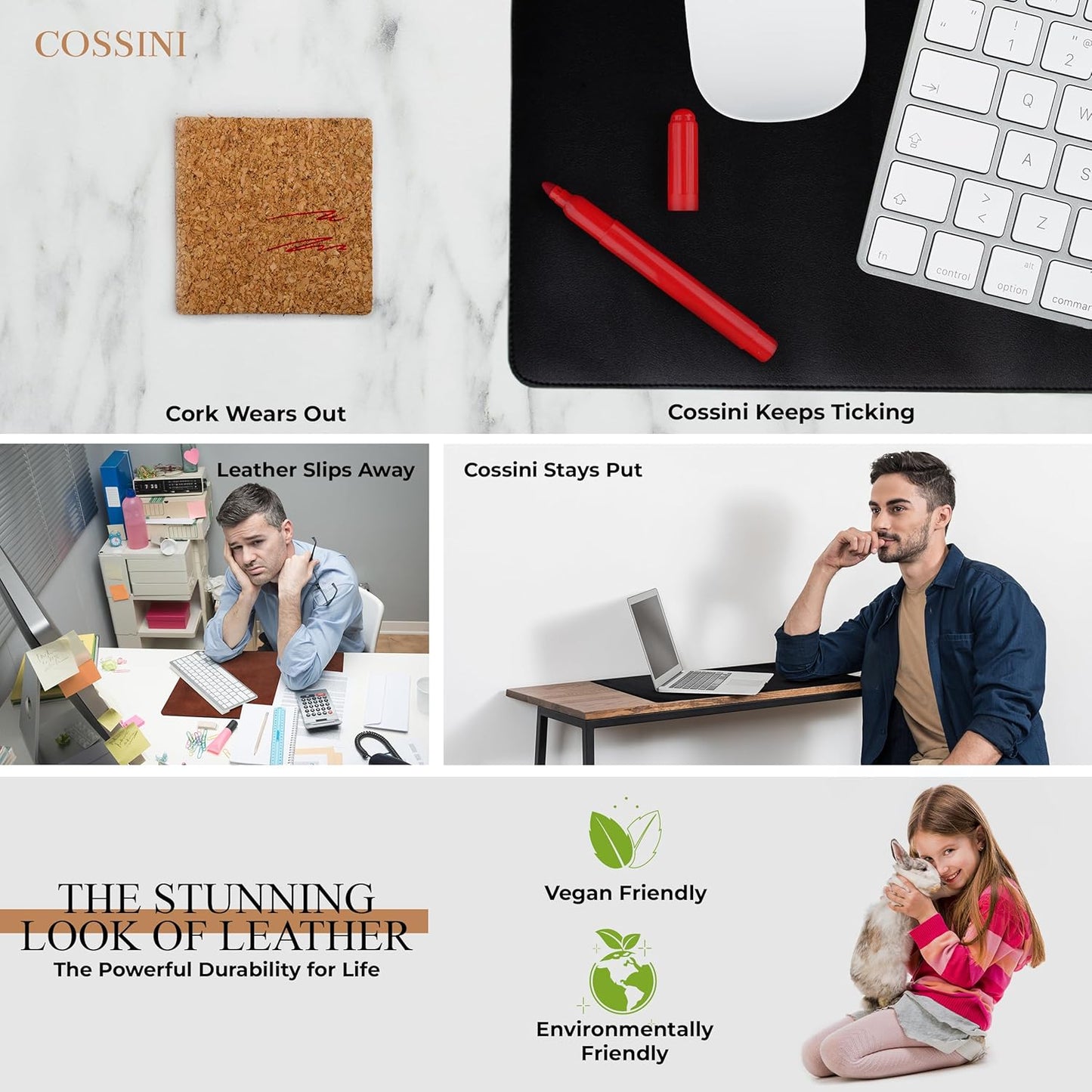 Cossini XL Desk Pad - Large Vegan Leather Desk Mat 17 x 36- Buttery Smooth Writing, Damage Blocking, Non-Slip, Waterproof - Home Office Computer Desk Protector Blotter Laptop Keyboard Mouse Pad