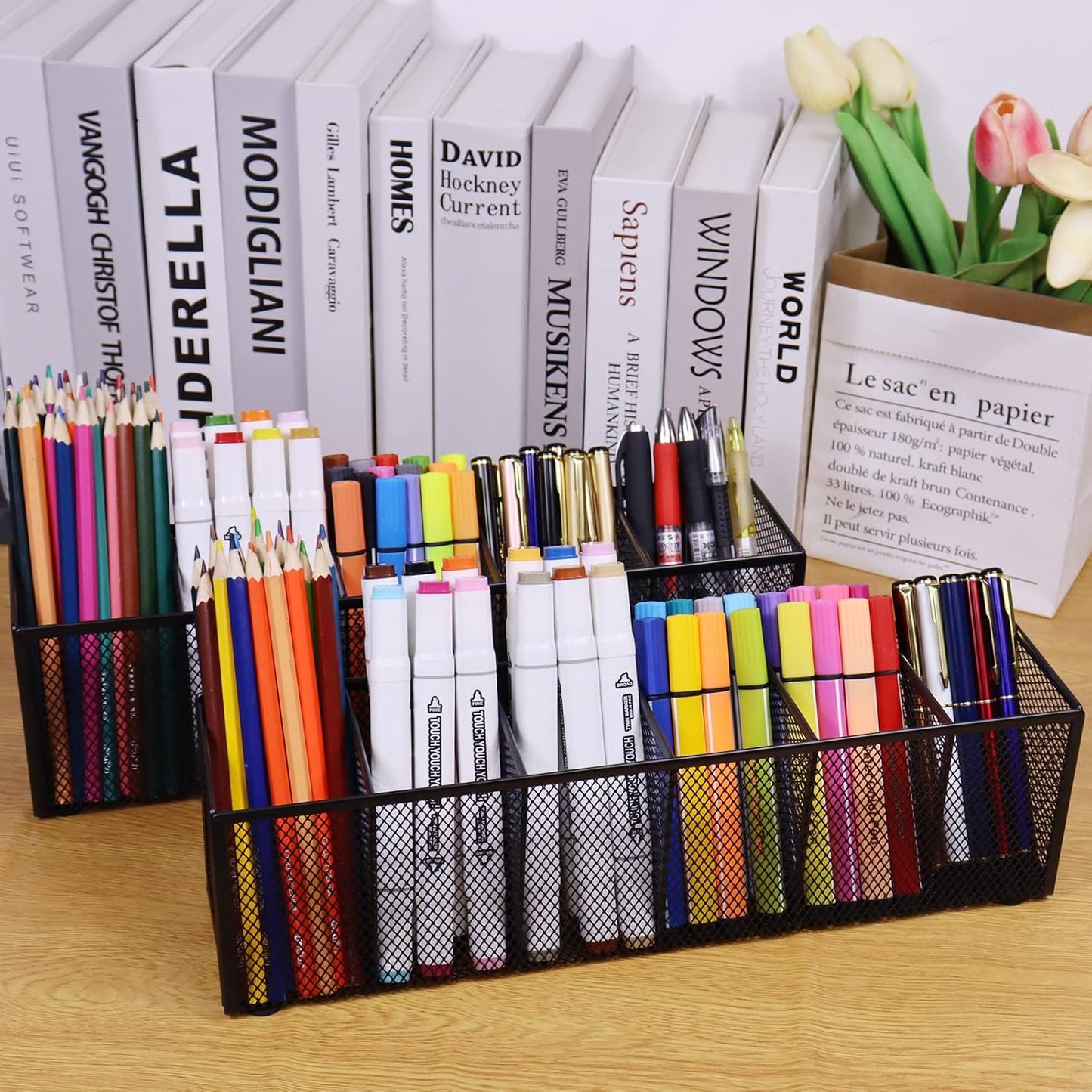 2PCS Black Mesh Pen Pencil Holder, Small Metal Desk Organizer Desktop Stationery Office Supplies Acessories Storage Stand, 6 Compartments Brushes Holder for Home School Classroom Teachers