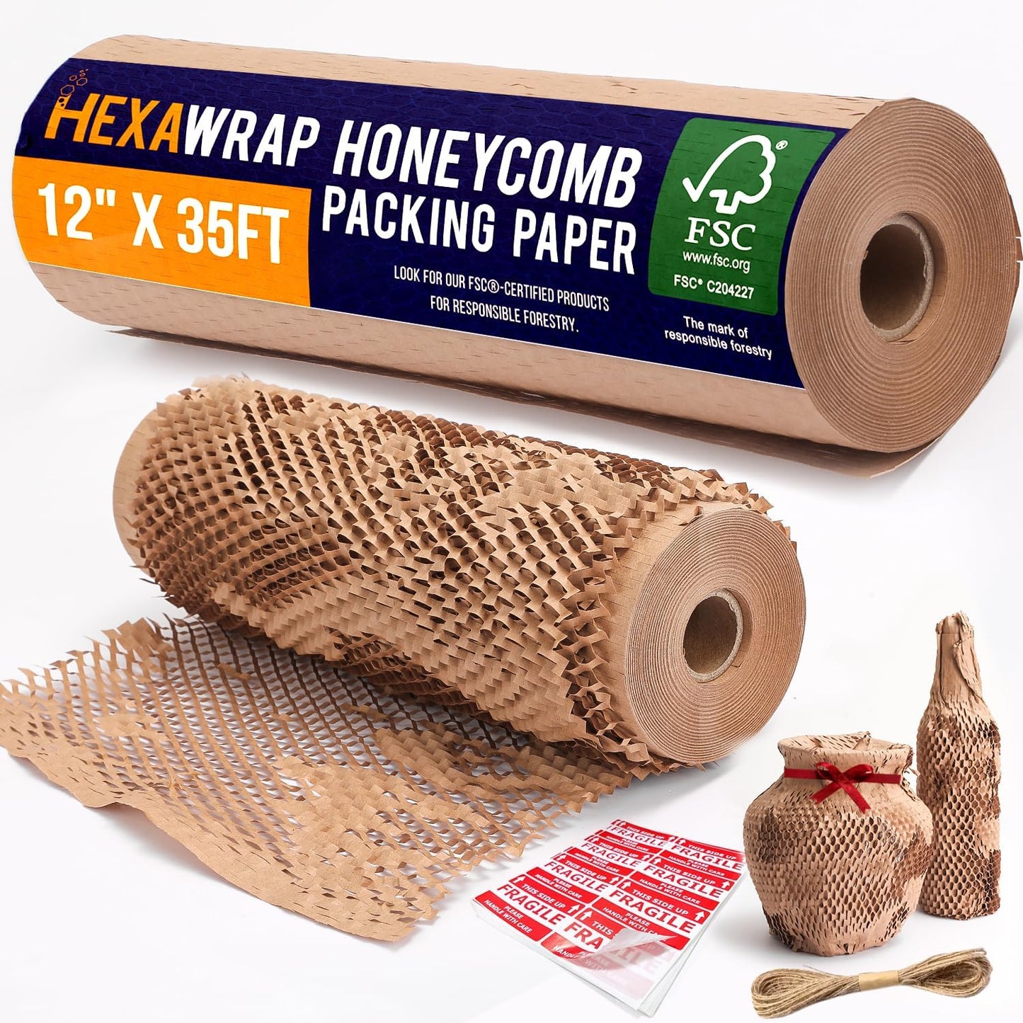 Honeycomb Packing Paper 12" x 35ft with Rope & 20 Fragile Stickers|Shipping & Moving Supplies|Small Business Packaging Supplies|Eco Friendly Bubble Wrap Packing Boxes for Moving Certified FSC C204227