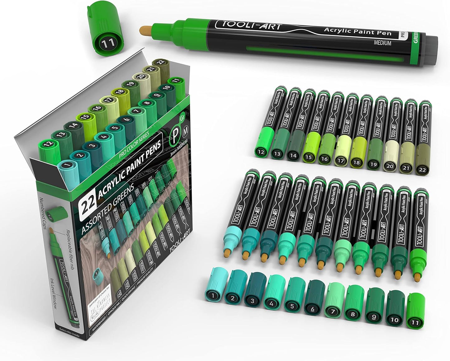 TOOLI-ART 22 Acrylic Paint Markers Paint Pens Pro Color Series Set 3mm Medium Tip for Rock Painting, Glass, Mugs, Wood, Metal, Glass Paint, Canvas, DIY. Non Toxic, Waterbased, Quick Drying (GREENS)