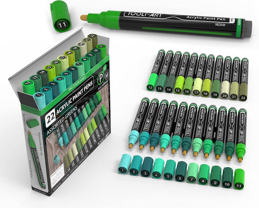 TOOLI-ART 22 Acrylic Paint Markers Paint Pens Pro Color Series Set 3mm Medium Tip for Rock Painting, Glass, Mugs, Wood, Metal, Glass Paint, Canvas, DIY. Non Toxic, Waterbased, Quick Drying (GREENS)