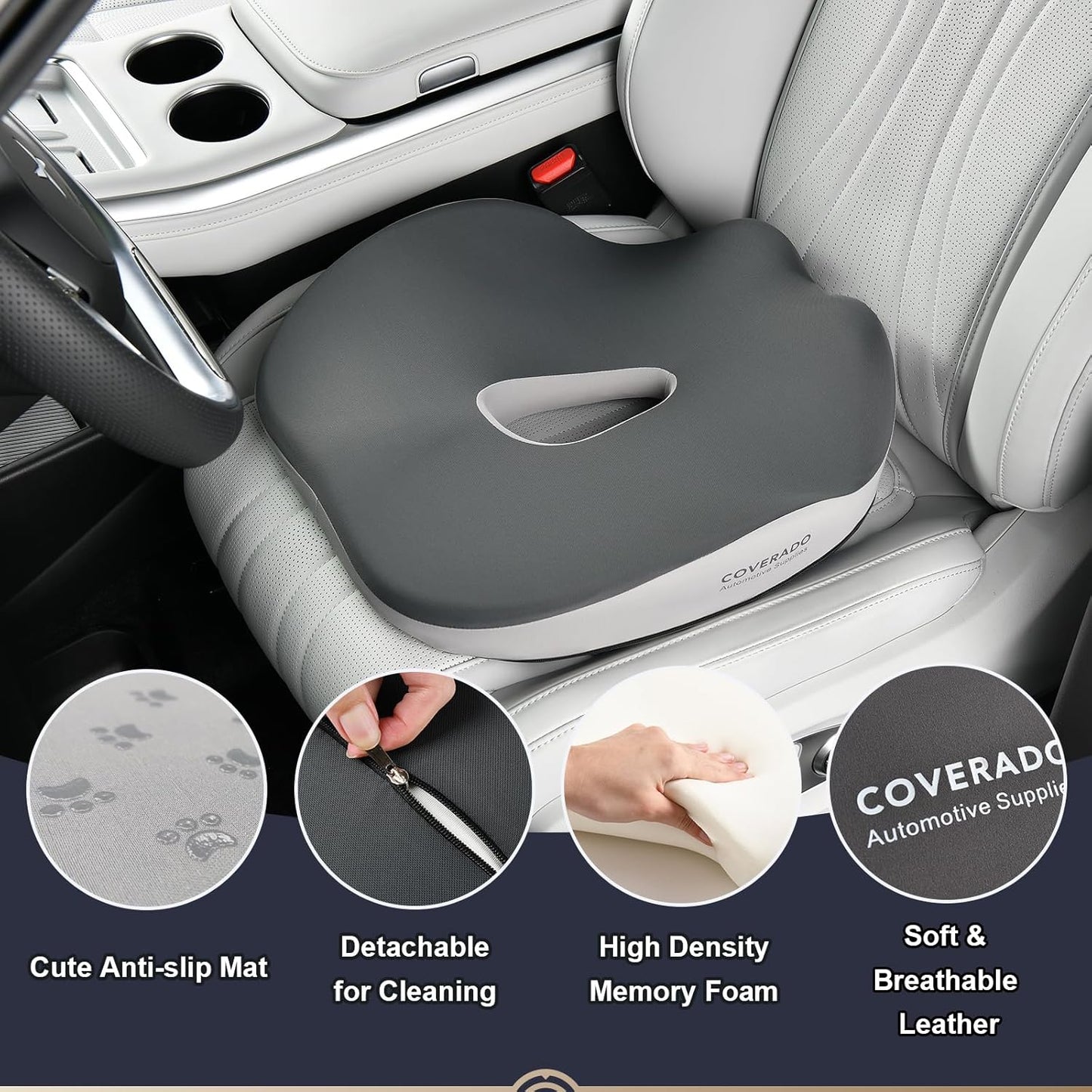 Coverado Car Seat Cushion for Car Seat Driver/Passenger, Memory Foam Seat Cushions for Office Chairs, Tailbone Pain Relief Cushion, Sciatica & Back Support Black&Gray