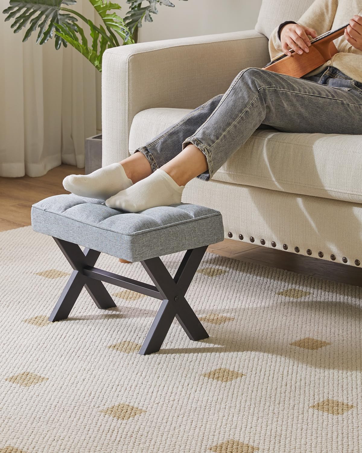 IBUYKE Small 12" H Footrest Stool, Square Linen Foot Stool with Metal X-Leg, Multi-Use as Small Side Table, Step Stool for Living Room, Bedroom, Entryway, Office, Blue Gray WBD011L