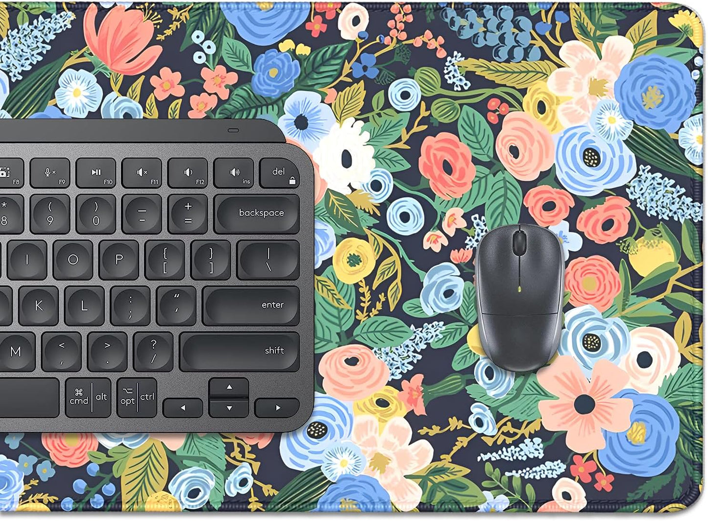 Garden Party Flowers Desk Pad Mouse Pad,Large Floral Mouse Mat with Stitched Edges,Non-Slip Rubber Base Mousepad for Office PC Keyboard Laptop and Home Work Desk Mat(27.5X11.8 in)