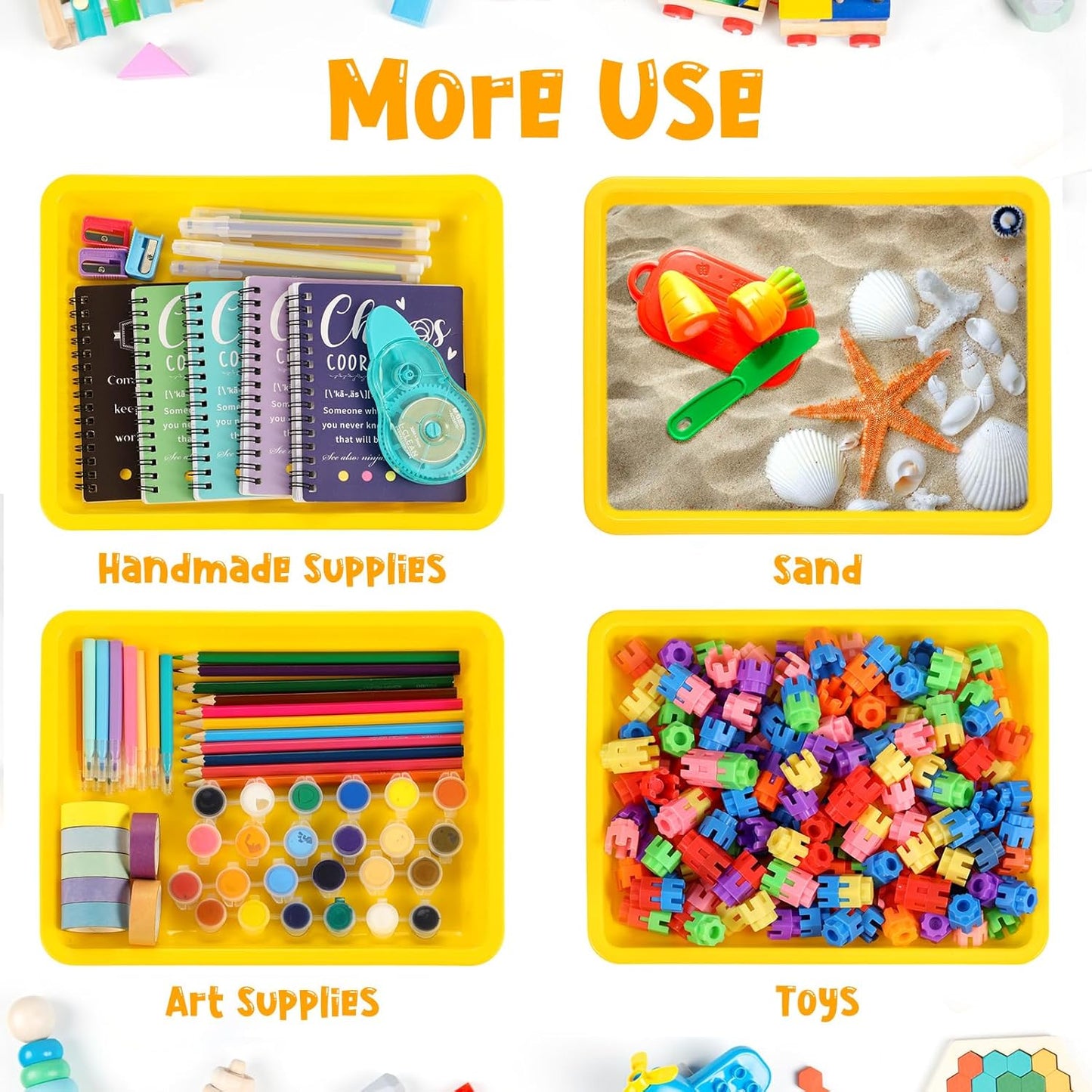 Maitys 24 Pcs Plastic Art Trays 11 x 8.7 x 1 Inch Activity Craft Tray Organizer Serving Tray Stackable Storage Sand Trays for School Painting Beads Crafts DIY Projects(Yellow)