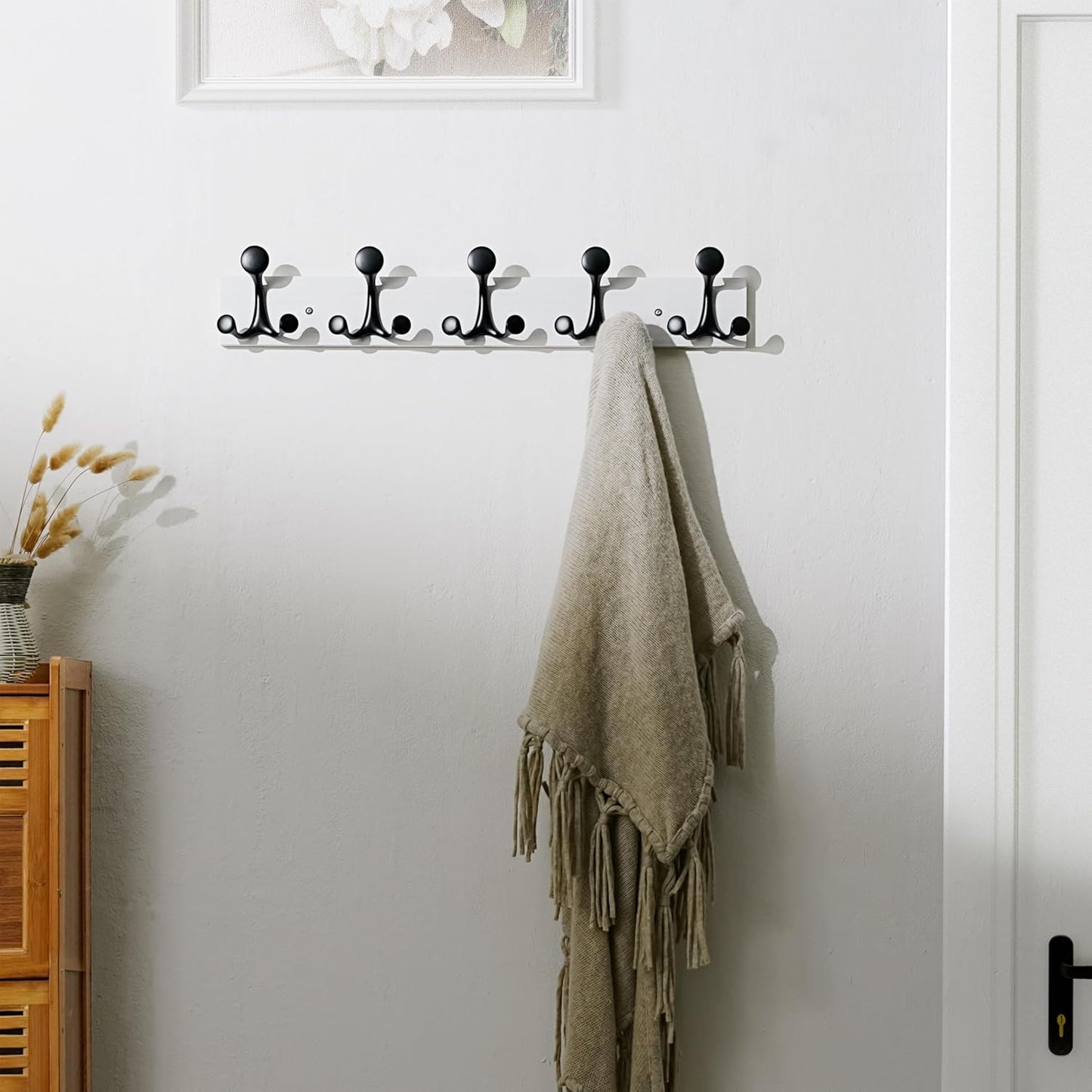 SKOLOO 24-Inch White Wood Coat Rack Wall Mount with 5 Triple Hooks - Ideal for Family Entrances, Classrooms, and Pet Supplies Storage - Perfect Coat Hooks for Wall, Pack of 2