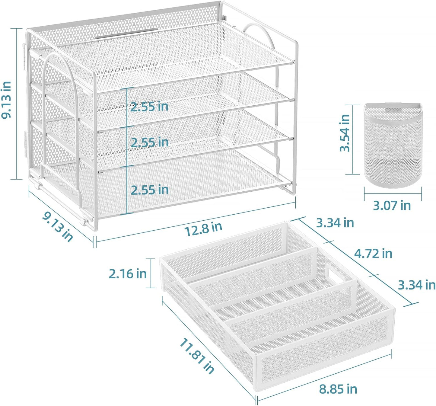 Marbrasse Desk Organizer and Accessories4-Tier Paper File Letter Tray Accessories & Workspace Desk Organizers with Drawer and 2 Pen Holders for School Home Office Supplies (White)