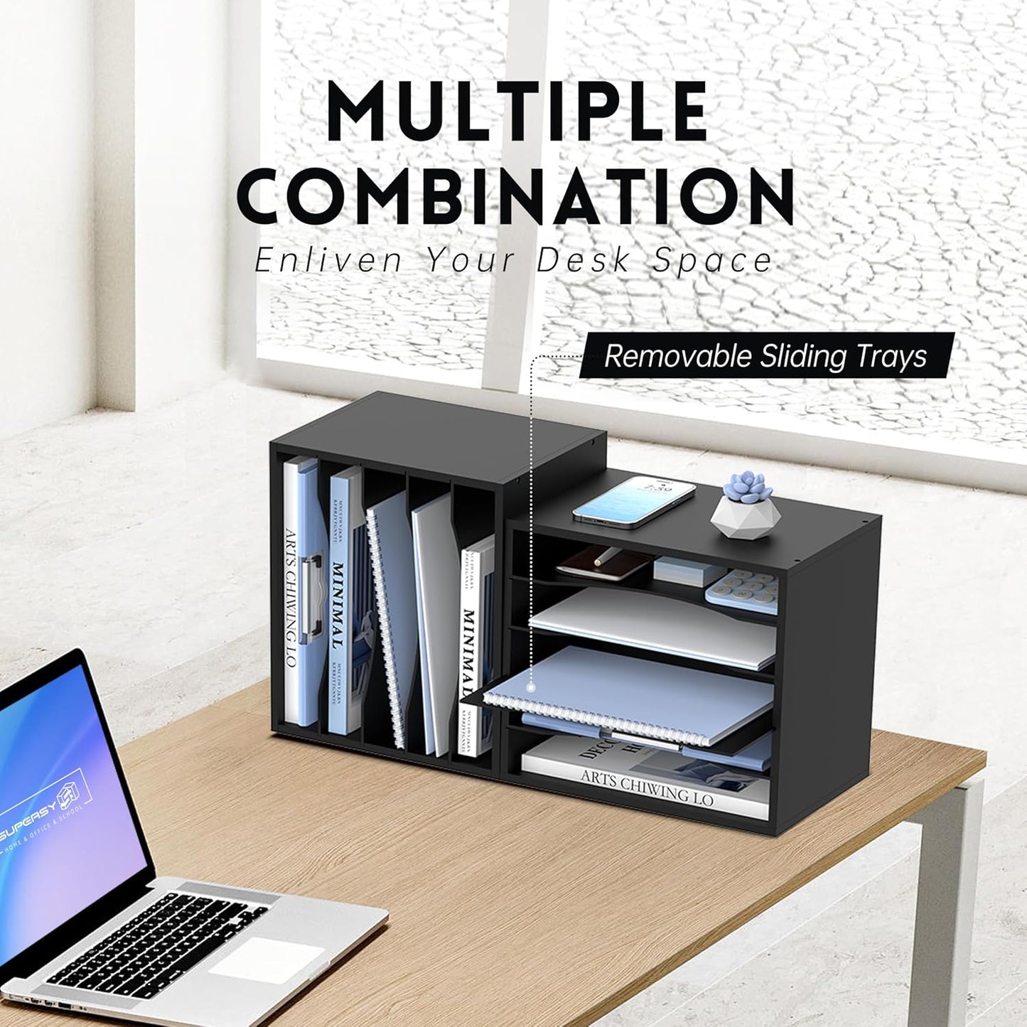 SUPEASY Wood Desk Organizer, 5 Tier Paper File Organizer for Desk, Wooden Desktop Organizer, Paper Letter Literature Mail Sorter, for Office School & Home Organization, Black