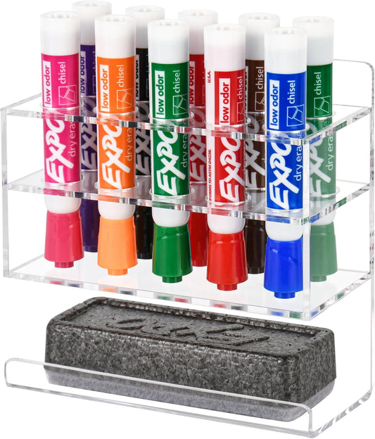 Dry Erase Marker Holder, Wall Mounted Acrylic Marker Holder with 10 Slots, Sticky Pen Storage for Classroom Organization, Whiteboard, Office, Clear