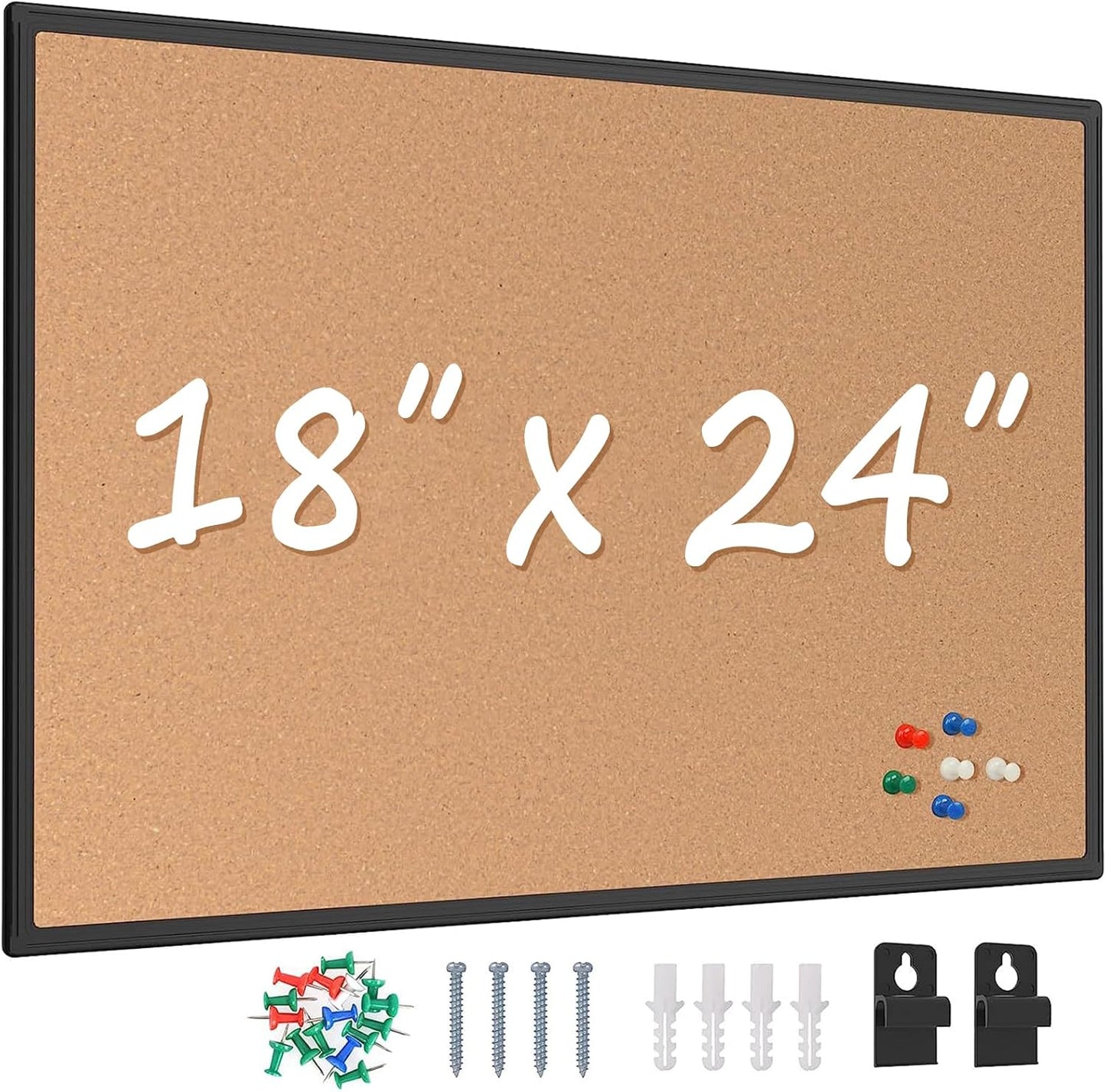 Board2by Cork Board Bulletin Board 24 x 18, Black Aluminium Framed Corkboard, Office Board for Wall Cork, Large Wall Mounted Notice Pin Board with 16 Push Pins for School, Home & Office