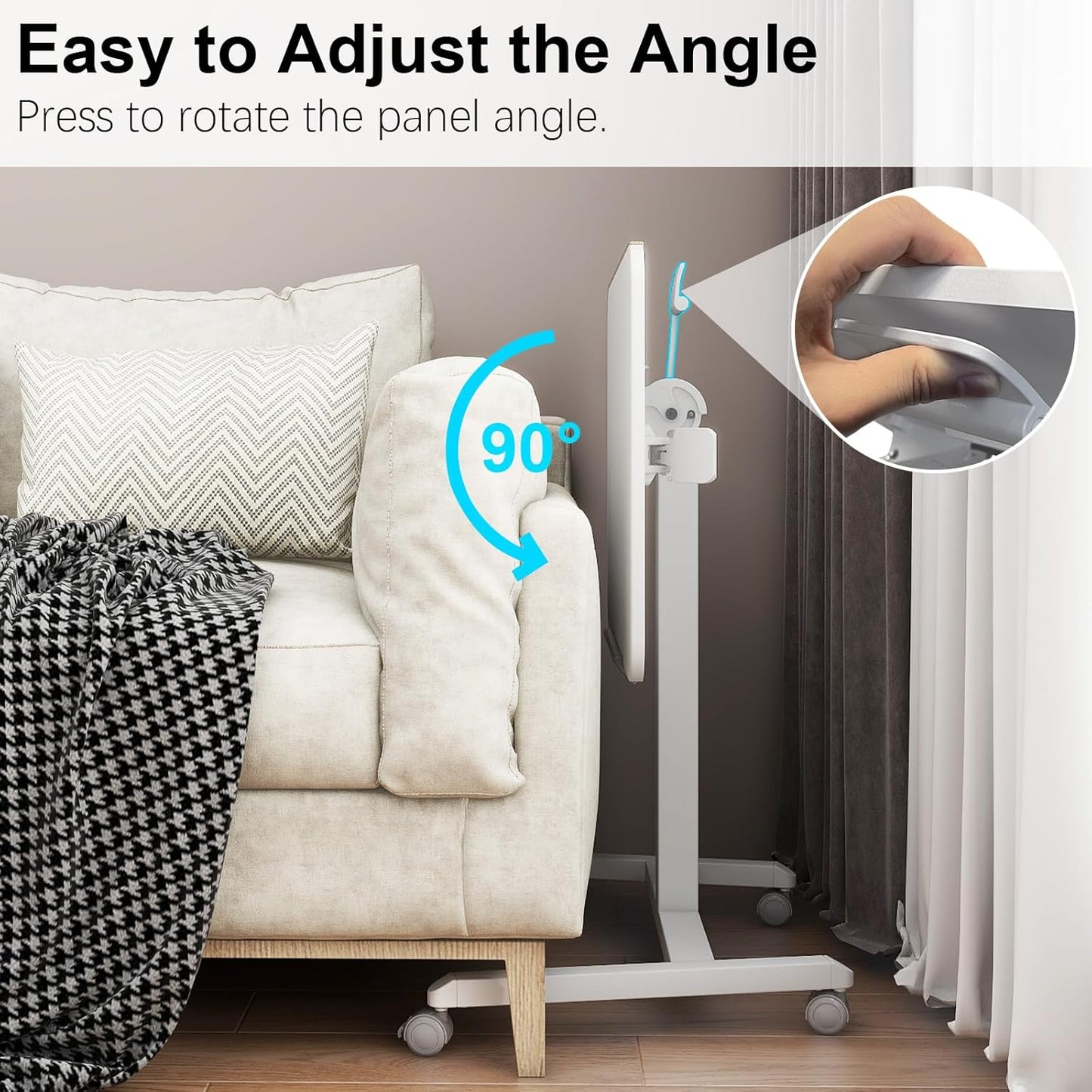 PUNCIA 90°Tiltable Small Standing Desk with Stoppers Mobile Rolling Laptop Table on Wheels Pneumatic Adjustable Height Computer Workstation Stand Up Cart Bedside Overbed Table for Home Office White