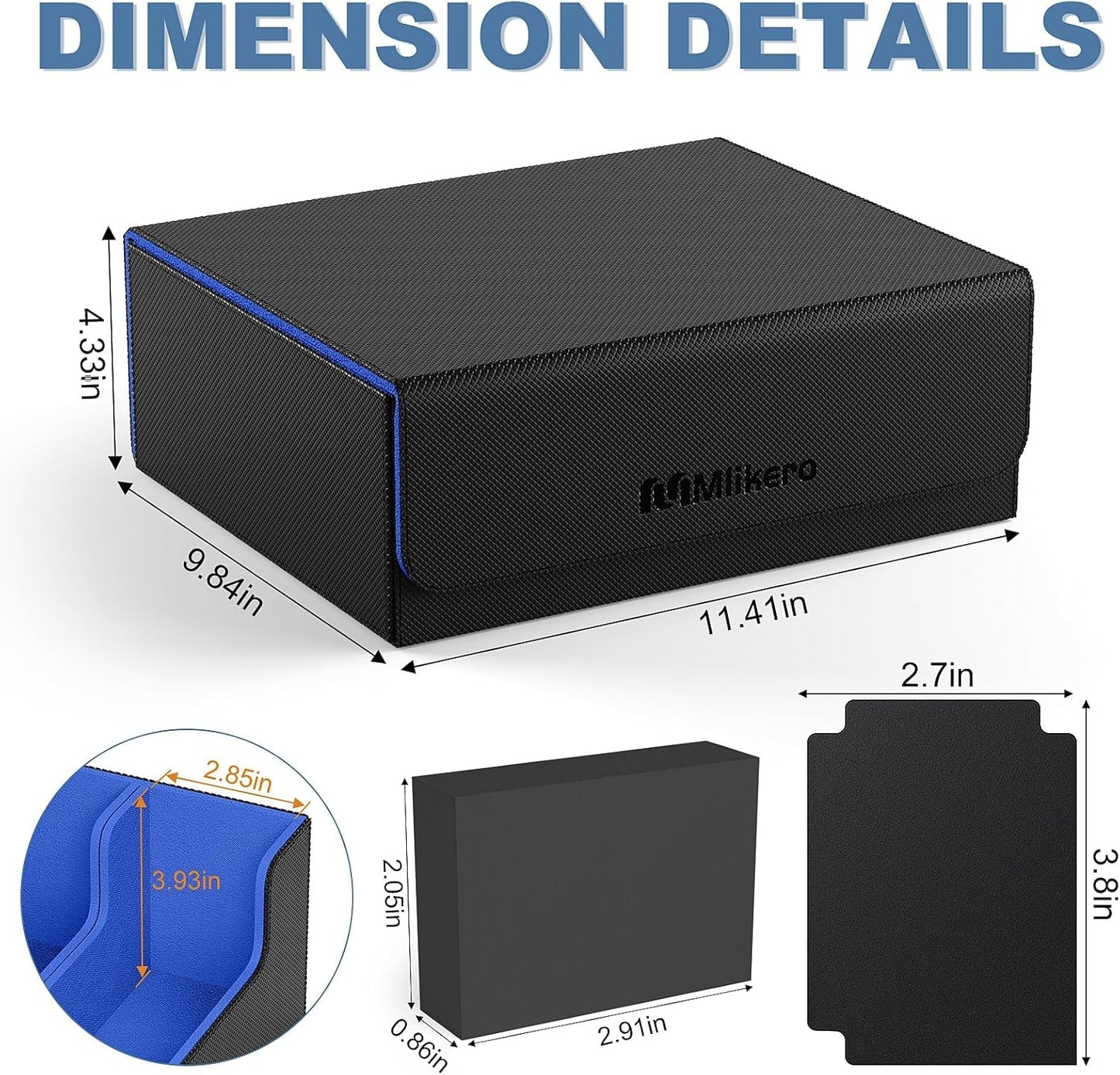 Mlikero Card Deck Case, 1800+ Trading Card Storage Box with 10 Dividers and 3 Foam Stoppers, Leather Magnetic Closure Commander Deck Box Fit for YuGiOh, MTG and Sport Cards(Black&Blue)