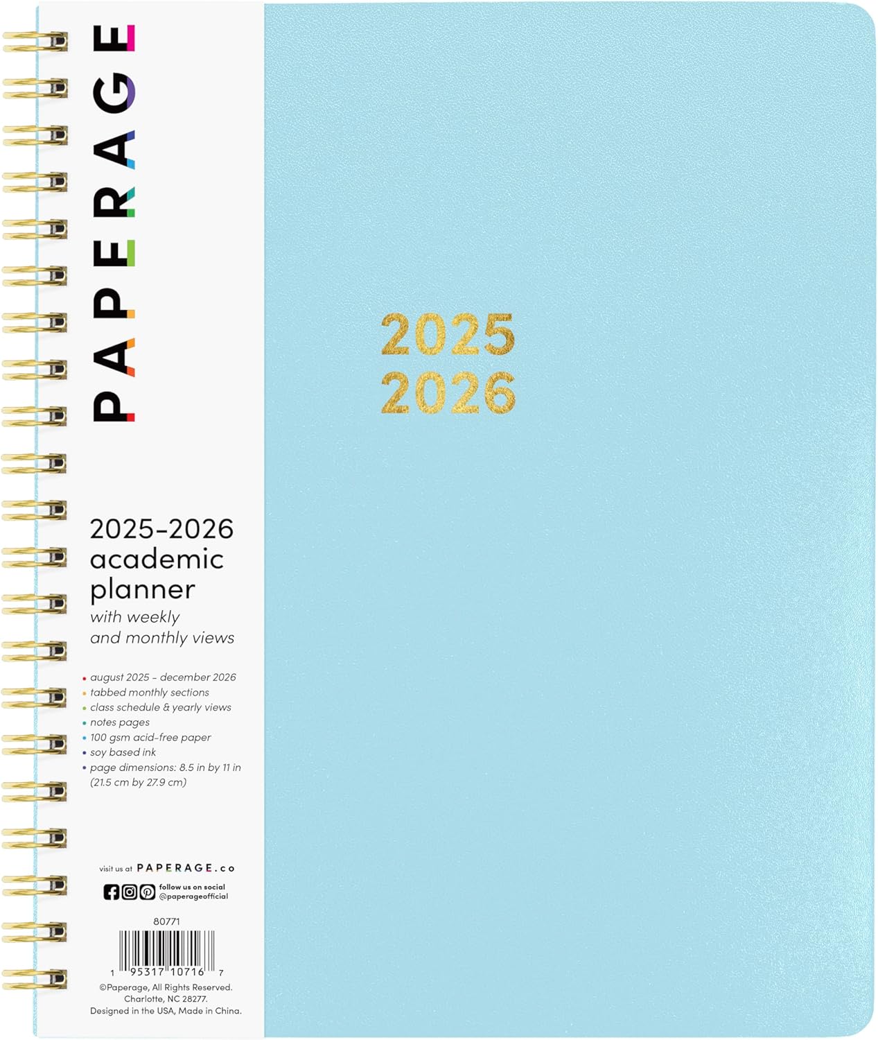 PAPERAGE 17 Month Academic Planner 2025-2026, Weekly & Monthly Spreads, August 2025 - December 2026, Large (8.5 in x 11 in), Light Blue