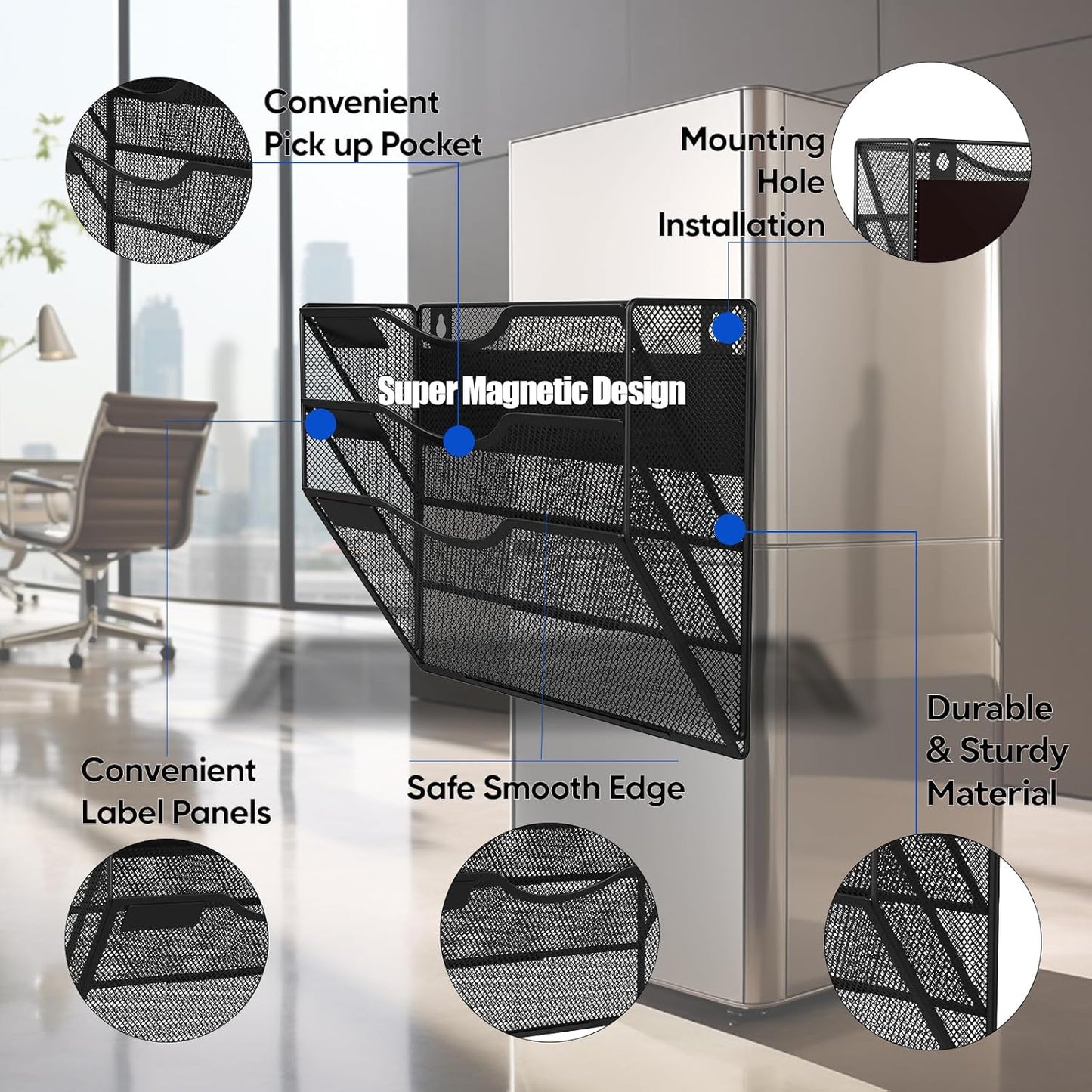 3-Tier Magnetic File Holder, No Drilling Installation File Cabinet Organizer, Black Magnetic File Organizer, Magazine Rack, Magnetic Paper Holder for Refrigerator, File Cabinets, Whiteboard