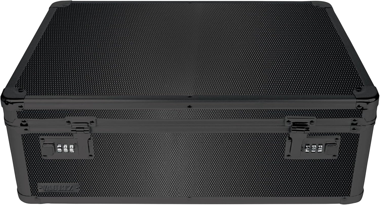 Vaultz Storage Lock Box - 6.5 x 19.25 x 13.5 Inch Lockable Dorm Storage Trunk with Combination Lock - Briefcase, Medicine Box, Lock Boxes for Personal Items, Cash, Laptop - Black on Black