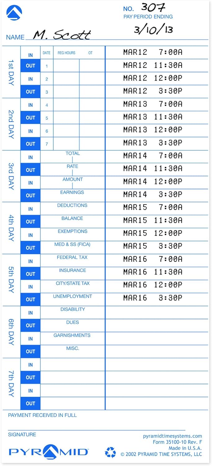 Pyramid Time Systems - 30% Recycled Time Cards (35100-10PK5) for Pyramid Models 3500, 3500ss, 3600SS, and 3700 Time Clock and Document Stamp, Single Sided Time Sheets (4 X 9 in) - 500 Time Cards