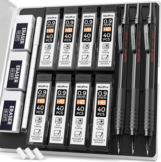 Nicpro 0.9 Metal Mechanical Pencil Set with Case, 3PCS Black MP1000 0.9mm Drafting Pencil, 8 Tubes HB Lead Refills, 3PCS Erasers, Erasers Refills for Artist Writing, Drawing, Sketching