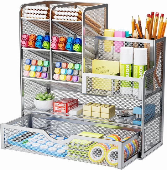 Marbrasse Mesh Pen Holder for Desk, Pen Organizer with Drawer, Multi-Functional Pencil Organizer, Desk Organizers and Accessories for Office Art Supplies (Silver)