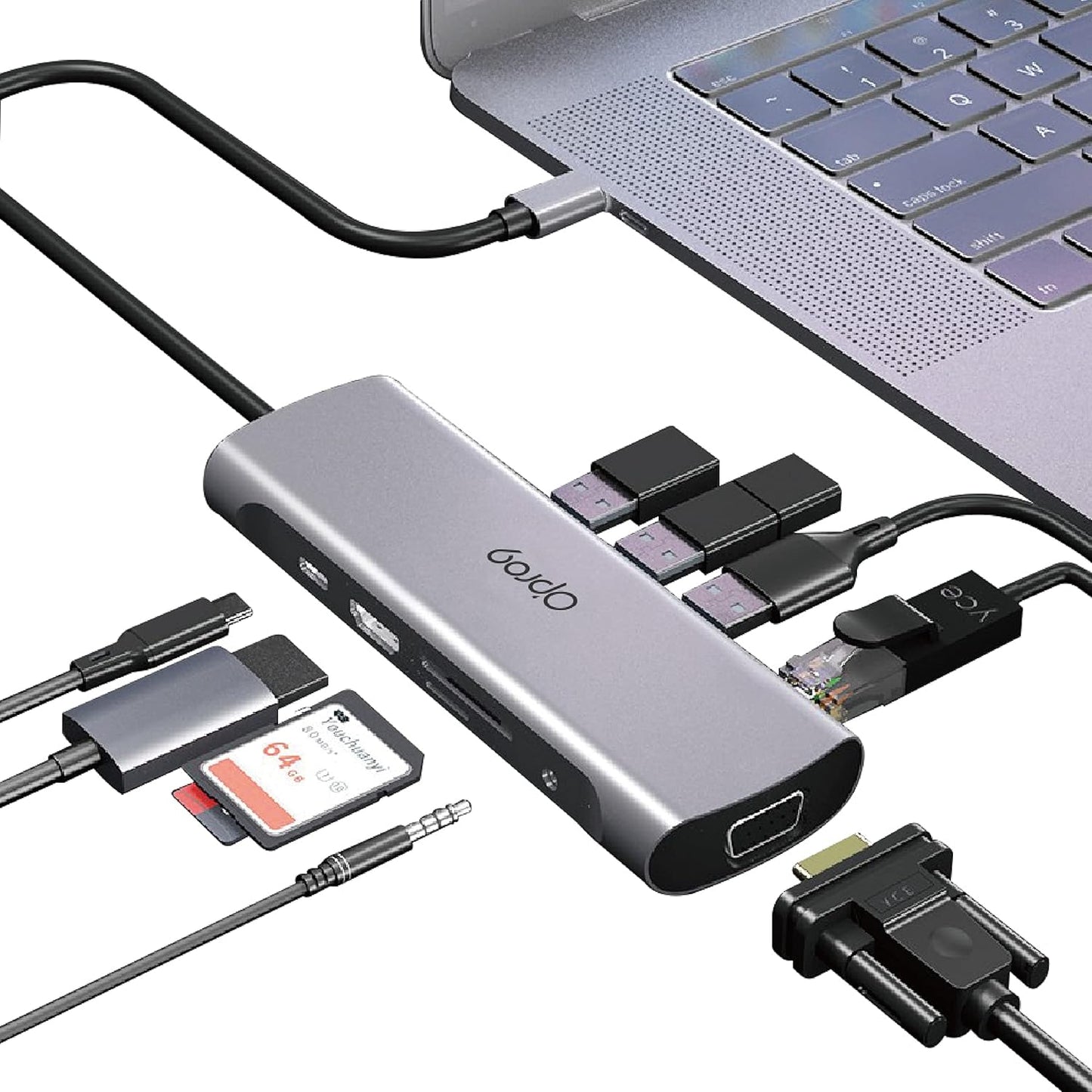 Opro9 10-in-1 USB C Hub Multiport Adapter, Laptop Docking Station Dual 4K HDMI / 1080P VGA, USB 3.0, PD 100W, Gigabit Ethernet, SD/TF Card Reader, 3.5mm Audio Jack, for Windows & MacBook PC, Laptops