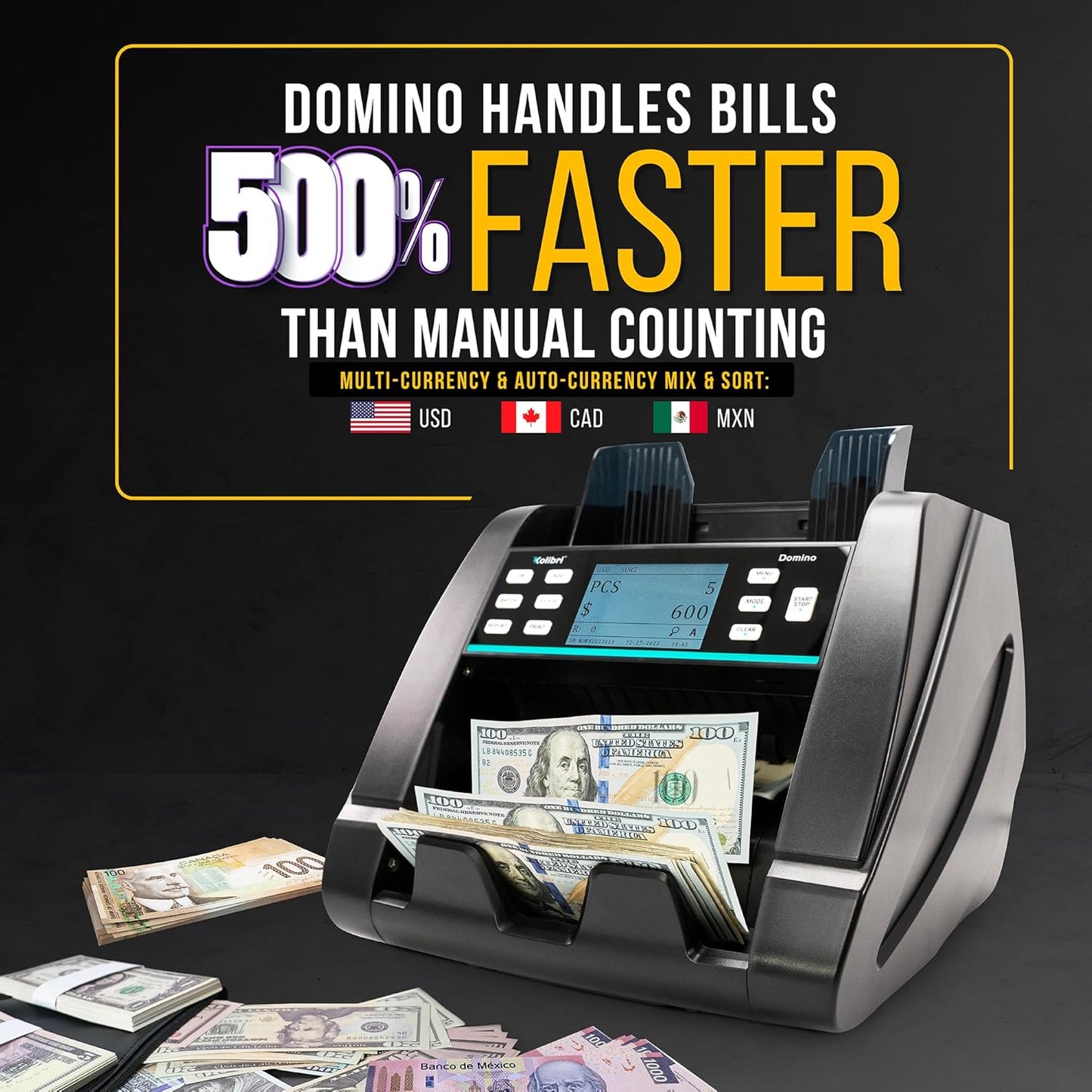 KOLIBRI Domino Money Counter Machine Mixed Denomination | Mixed Value Cash Counter Machine | 2 CIS UV/MG IR/MT SN/DV IRT Fake Detections Money Counting Machine | 3-Year Warranty (US Tech Support)