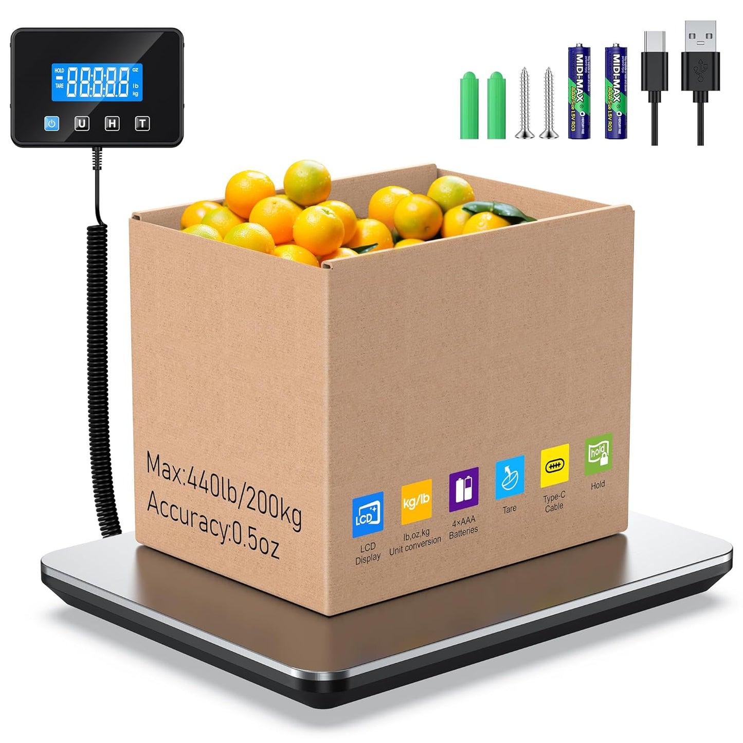 Shipping Scale, 440 LB Heavy Duty Postal Scale for Packages, Large Mailing Scale for Postage, Industrial, Small Business, Laundry, Warehouse, Stainless Steel Over Load Protection & Dual Powe