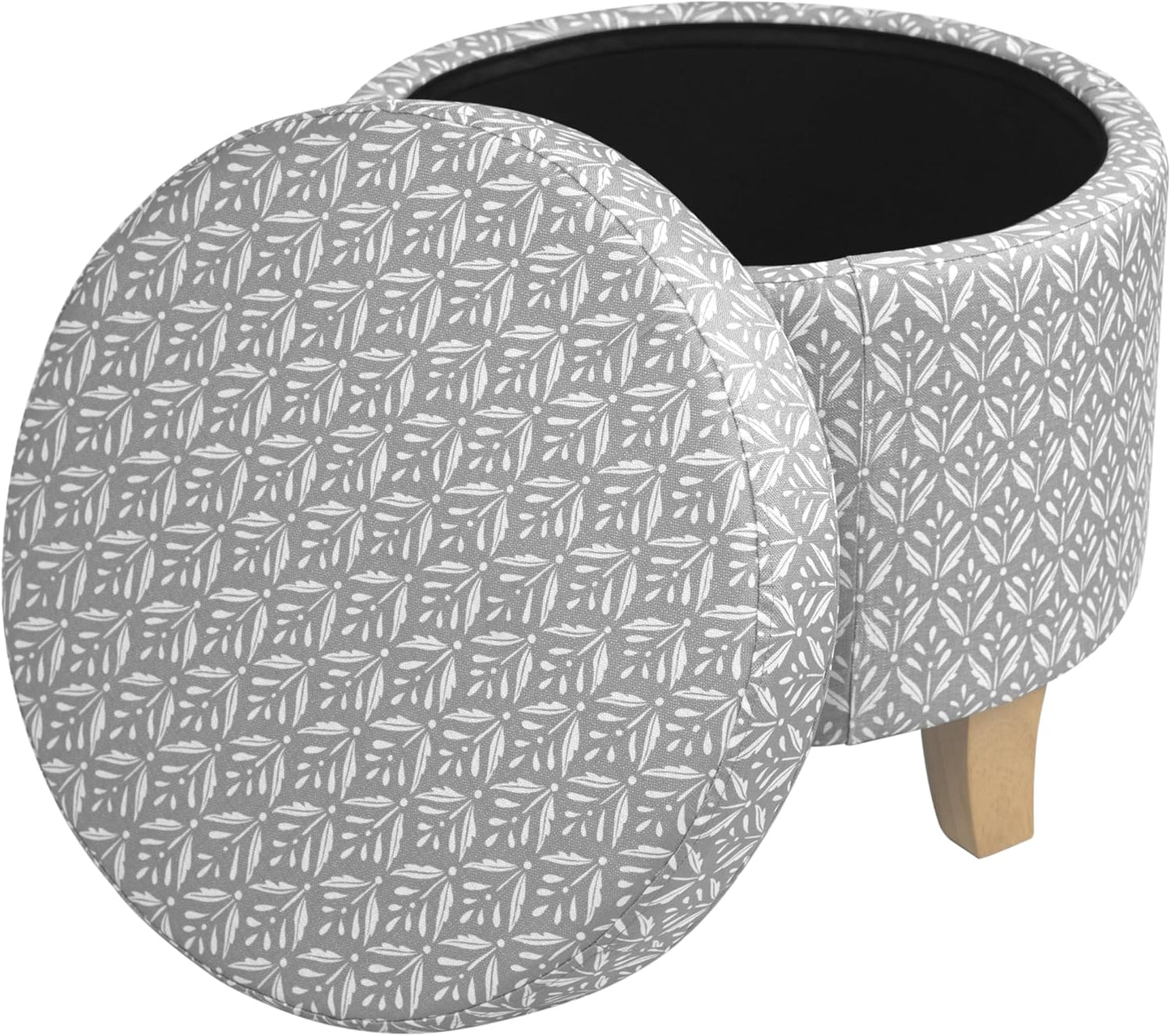 HomePop Upholstered Round Storage Ottoman|Homepop Home Décor|Upholstered Round Foot Rest Ottoman - Light Grey Print