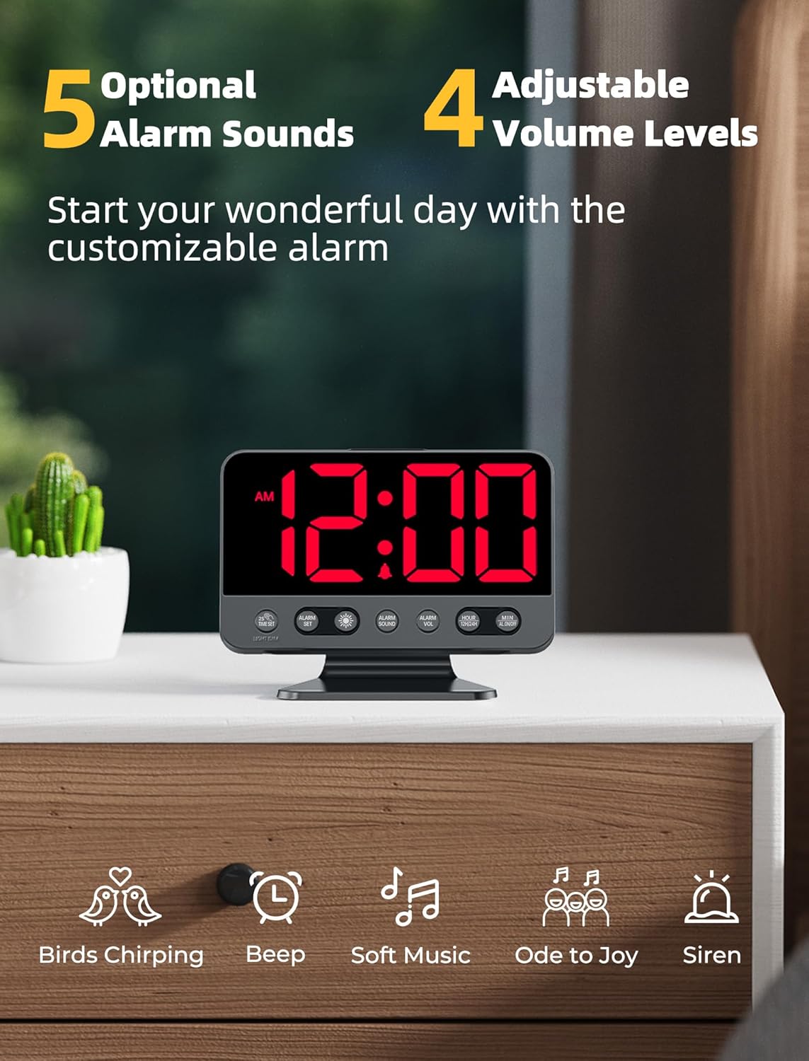 Digital Alarm Clocks for Bedrooms: Large Bold Number 5 Brightness Dimmer - Easy to Read Across The Room - 5 Alarm Sound 8 Night Light - Red