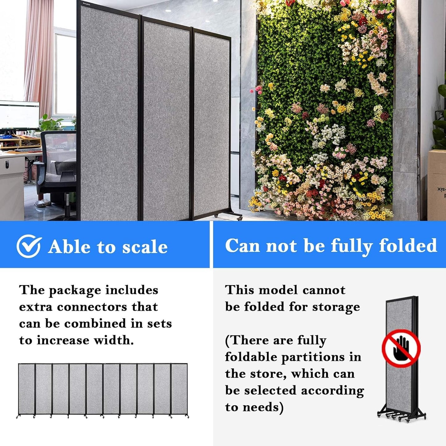 Upgrade Version Room Partition and Divider, Freestanding Rolling Dividers with Wheels,Office Privacy Screen Divider Wall,Classroom Felt Dividers,6'L* 6'7"H,3 Panel,Light Grey