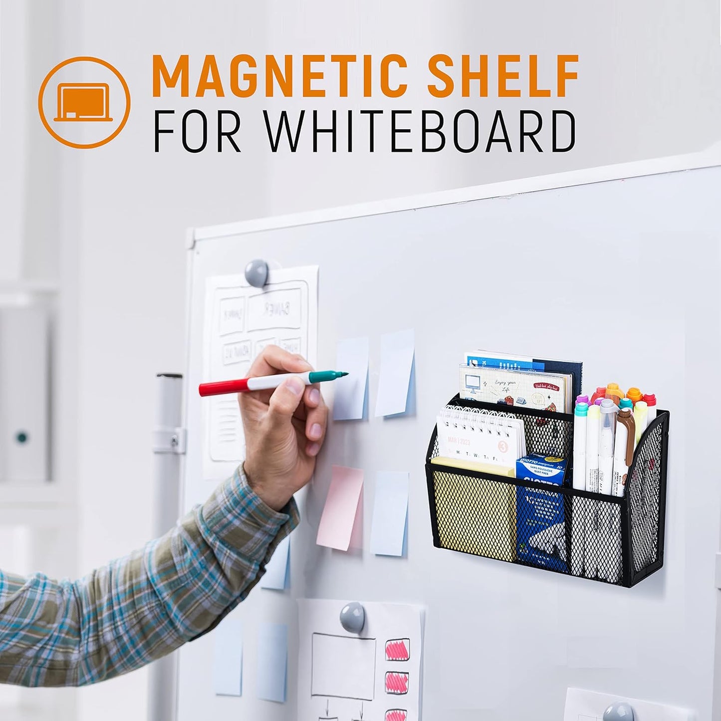 DALTACK Magnetic Pencil Holder Magnetic Shelf for the Whiteboard 3-Grid Mesh Magnetic Pen Holder for Refrigerator Magnetic Organizer Locker Accessories Organizer for Home, School and Office, Black