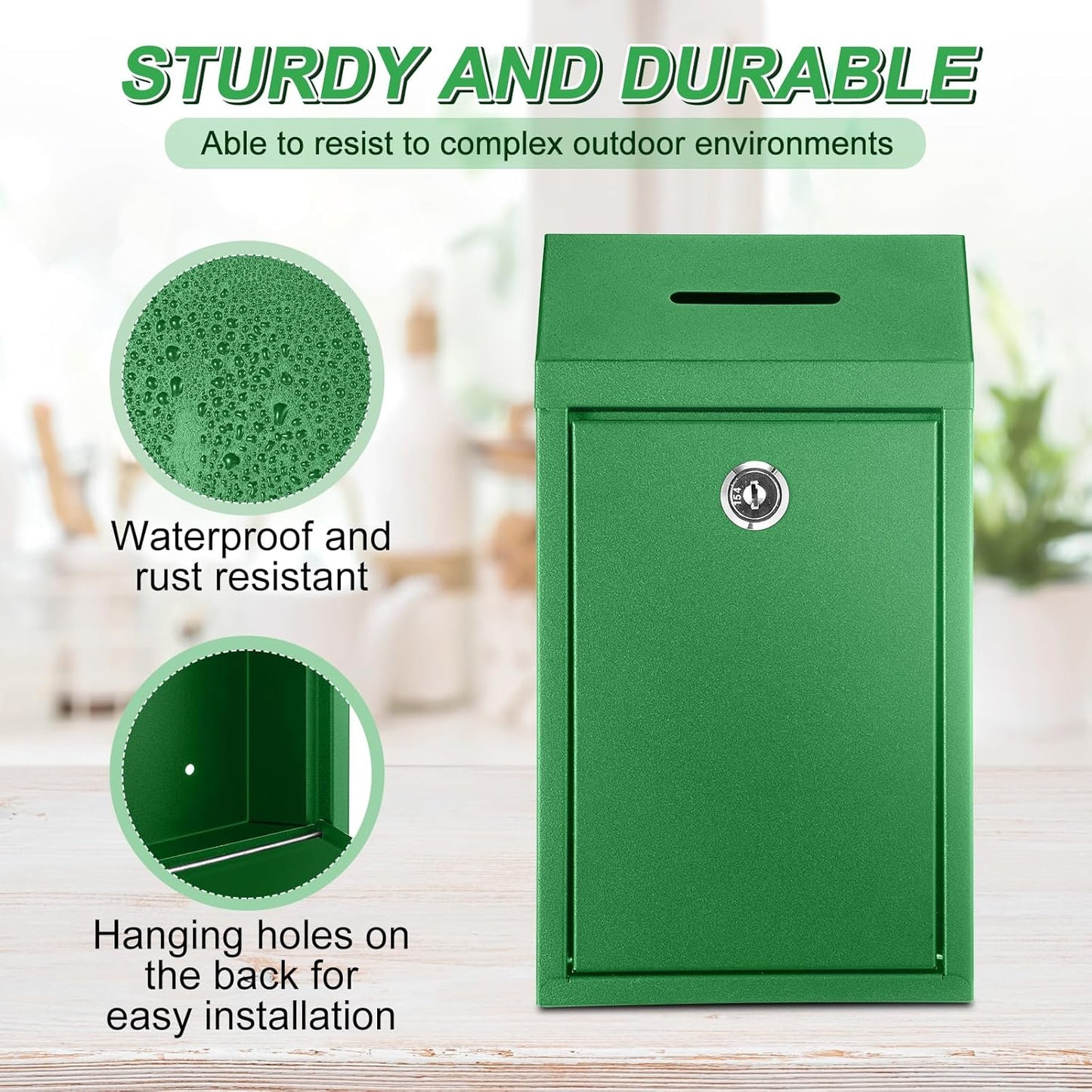 Metal Donation Cash Box Collection Safe Suggestion Box with Lock Wall Mounted Mailbox Delivery Ballot Container for Home Office Outdoor Door(Bright Green)