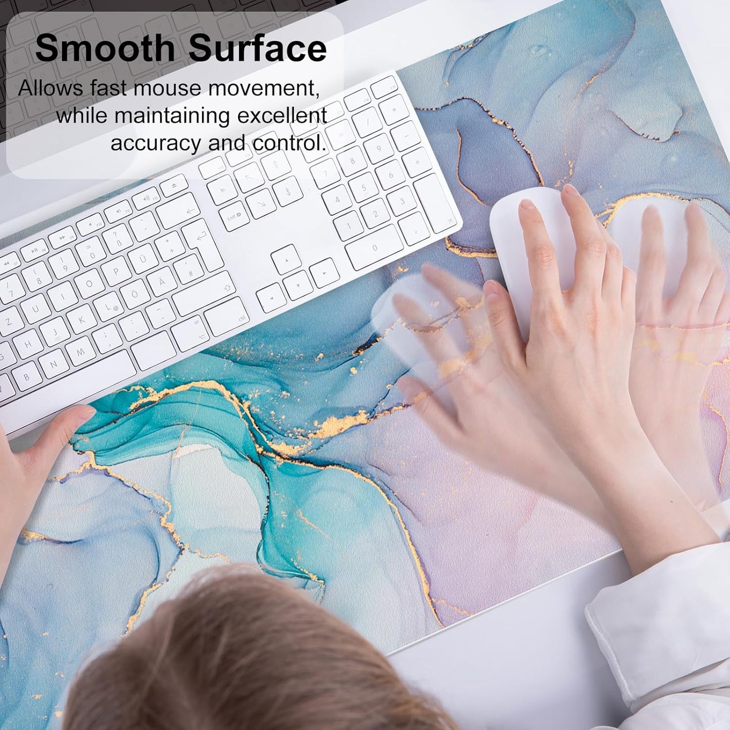 QIYI Large Mouse Pad, PU Leather Desk Mat for Desktop, Waterproof Gaming Desk Pad, Marble Full Desk Accessories Keyboard Mousepad, Abstract Art Home Office Décor 31.5" x 15.7" - Blue Pink Fluid