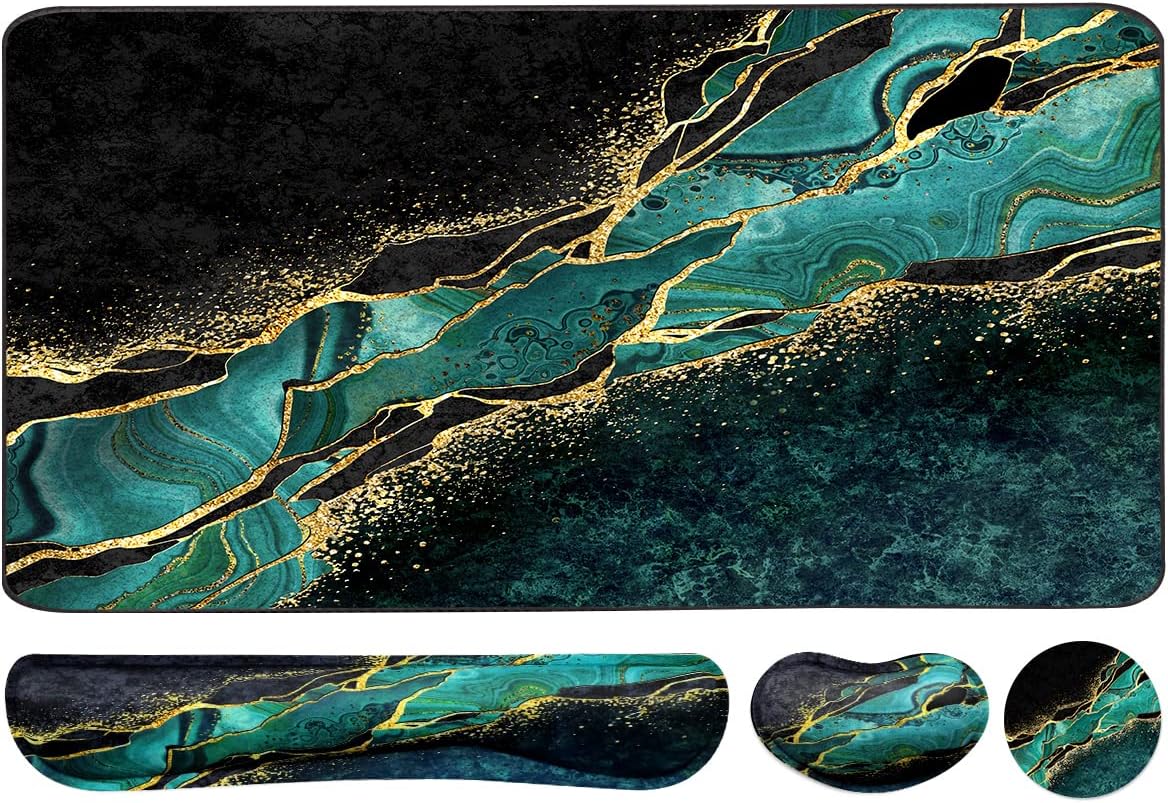 Keyboard Mouse Pad Set, Extended Mouse Pad+Keyboard Wrist Rest Support, Memory Foam Ergonomic Easy Typing, 3Pcs (35.4×15.7 in) Desk Pad Set for Home Office Study Game - Malachite Marble