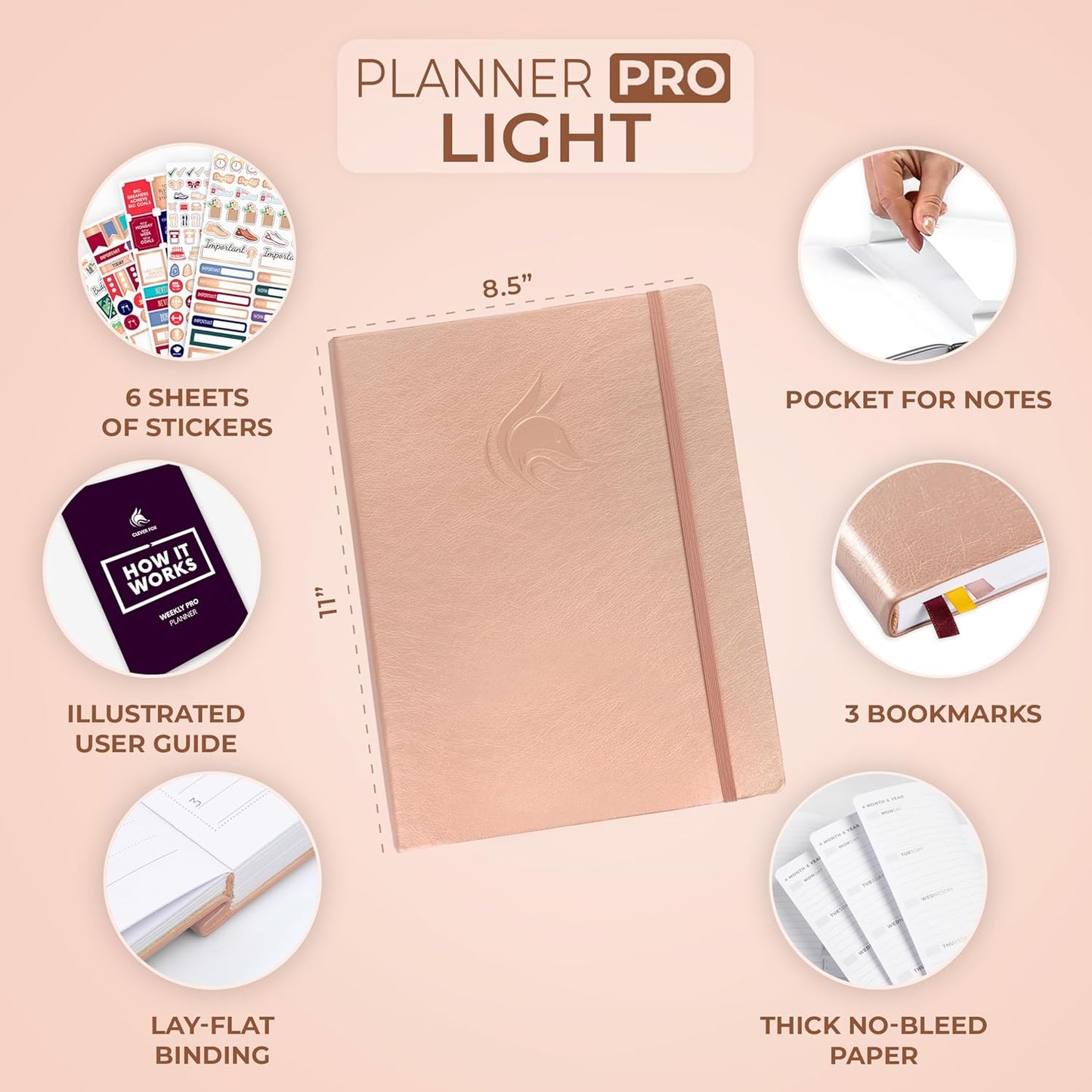 Clever Fox Planner PRO Light – Weekly & Monthly Life Planner to Increase Productivity, Time Management and Hit Your Goals, 8.5x11″ (Rose Gold)
