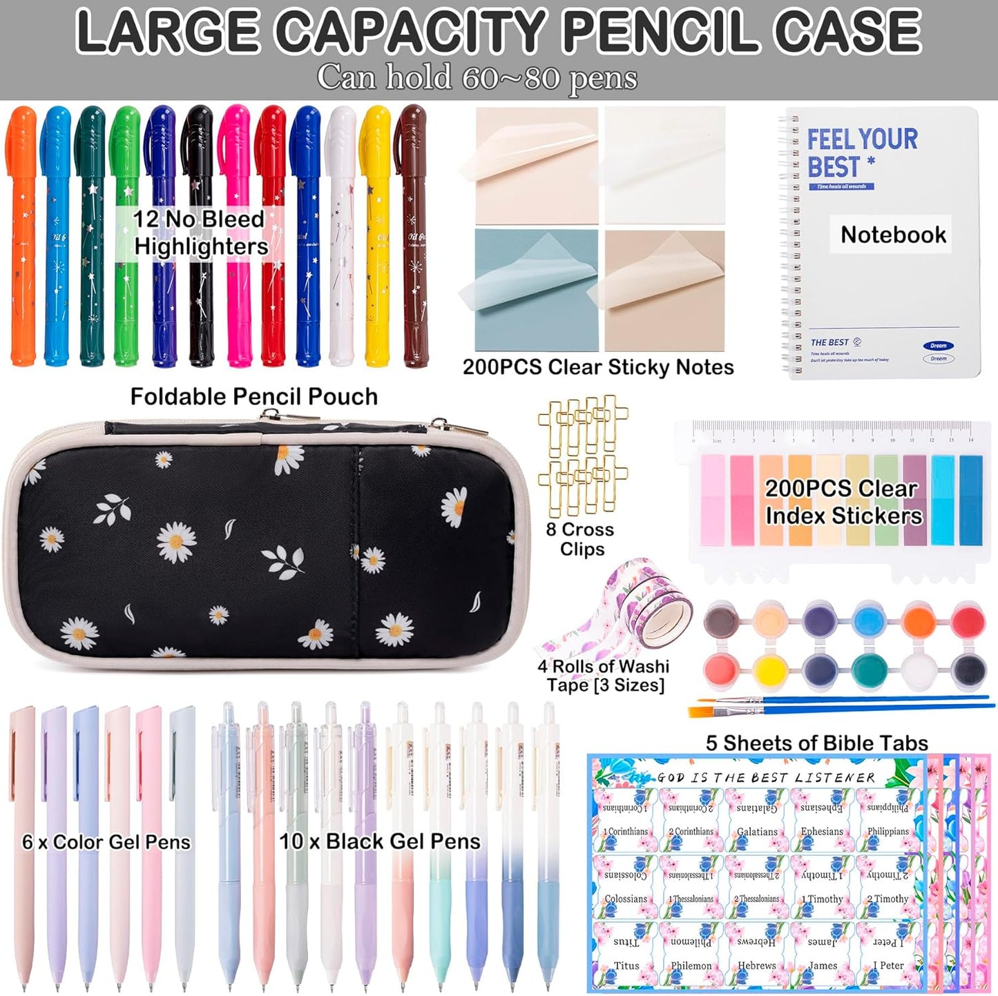 TuErCao Bible Study Supplies Kit - Black Daisies Aesthetic Pencil Pouch Bag, 75 Durable Tabs, 12 Smooth Crayon Highlighters, 16 Gel Pens, Notebook, Notes -Bible Journaling Study Tools