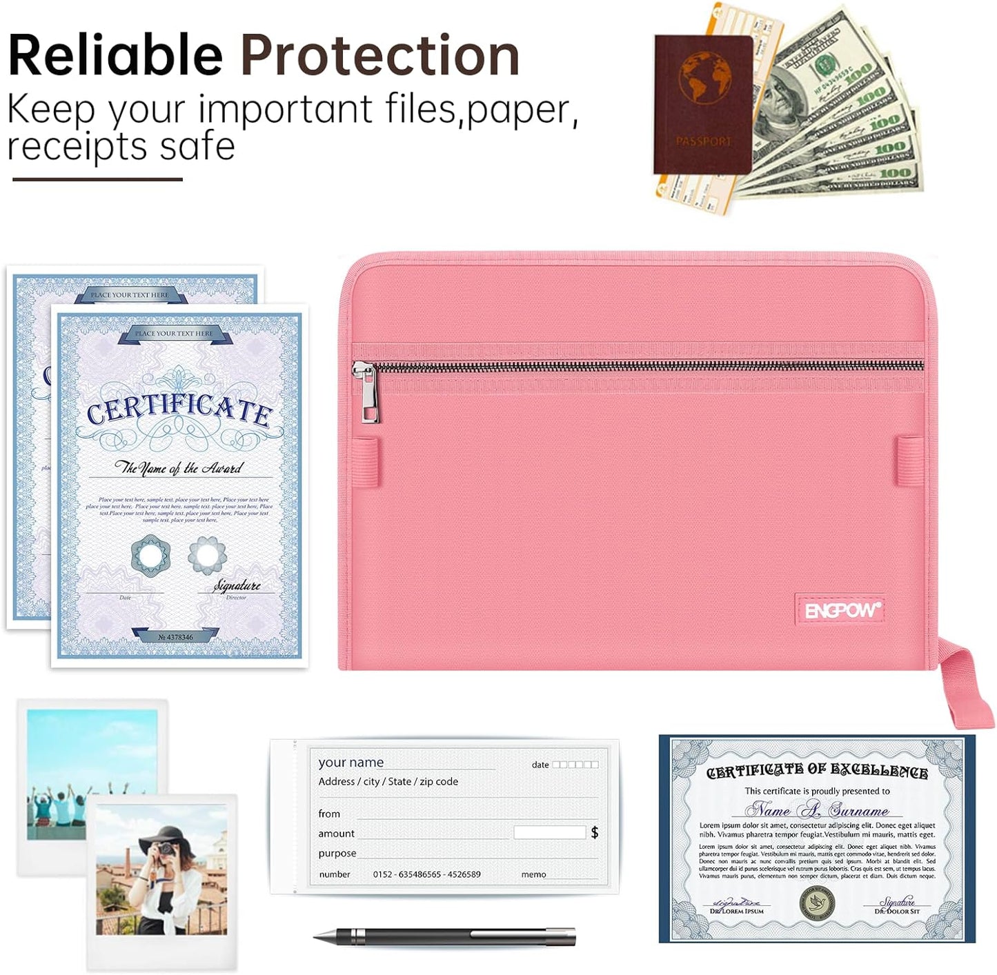 ENGPOW Accordion File Organizer,Fireproof 13 Pockets Expanding File Folder,Document Organizer Folder with Zipper＆Labels,Portable Home Travel Safe Storage for Letter A4 Files and More,Pink