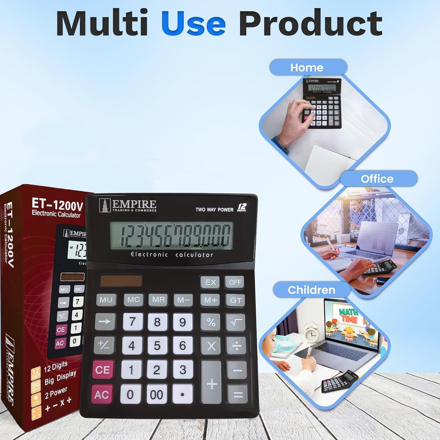 Empire Desk Calculator with Large Key Buttons, 12 Digits, Large Eye-Angled Display, Solar and Battery Powered for Home and Office (Battery Included)