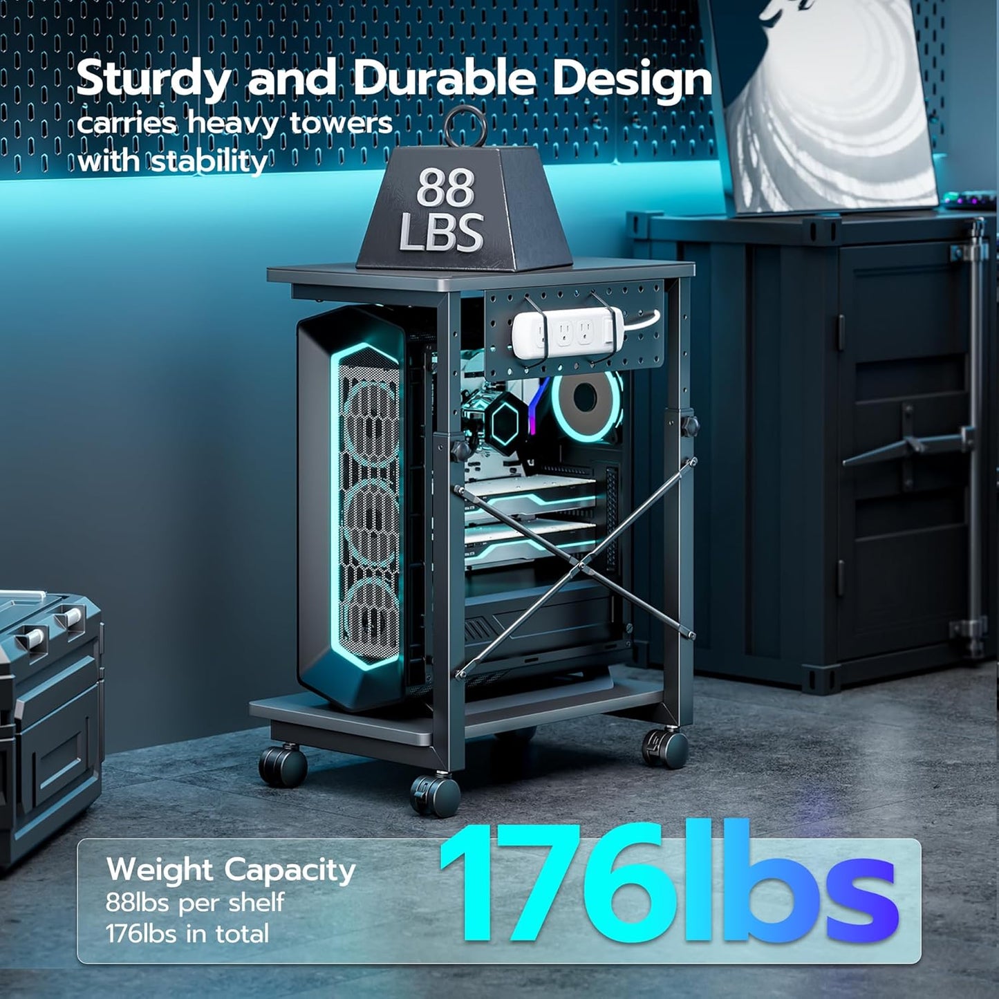 ARES WING Height Adjustable Computer Tower Stand, 2-Tier PC Tower Stand for Most PC, CPU Holder Cart with Locking Wheels for Gaming Home Office, 21.7"-33.5" Height