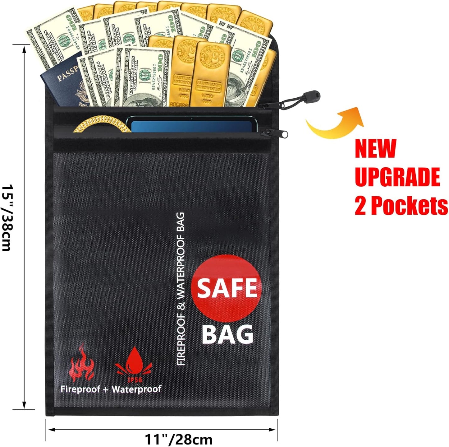 Fireproof Document Bag (2000℉) Upgraded 2 Pockets, GEMEK 15”x 11” Fireproof and Waterproof Money Bag Fireproof Safe Storage for Money, Documents, Jewelry and Passport (Black - 2 Zipper)