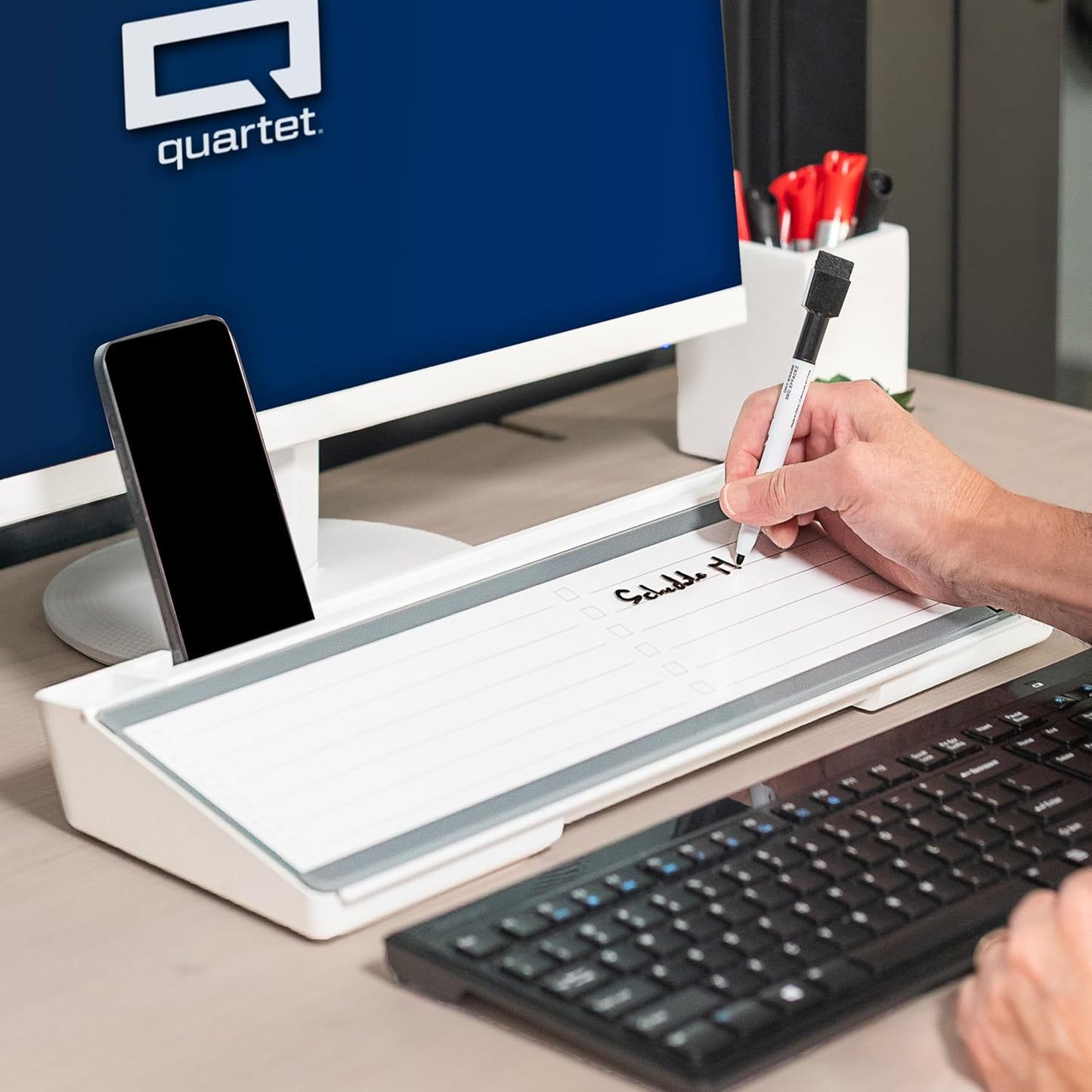 Quartet Glass Dry Erase White Board, Flip-Top Desktop Pad for Notetaking, 18" x 6" Whiteboard with Storage, Templates and Dry Erase Marker, White Surface (Q090F04-R)