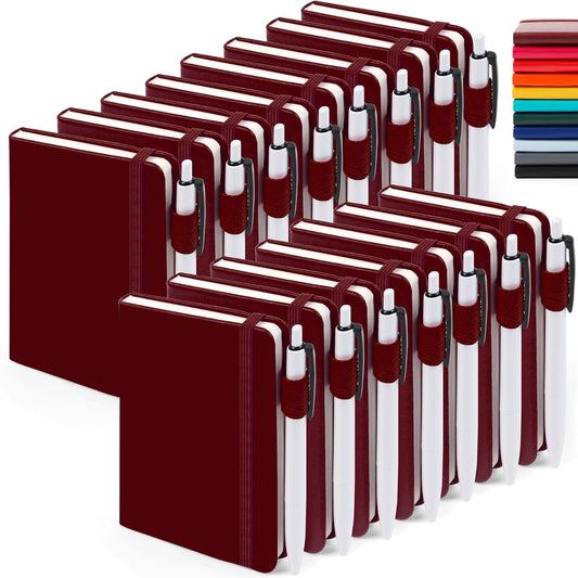 feela 15 Pack Pocket Small Notebooks Bulk, Mini Cute Notepads Hardcover College Ruled Lined Journals with Pen Holder for School Business Memos, with 15 Black Pens, 3.5”x 5.5”, A6, Wine