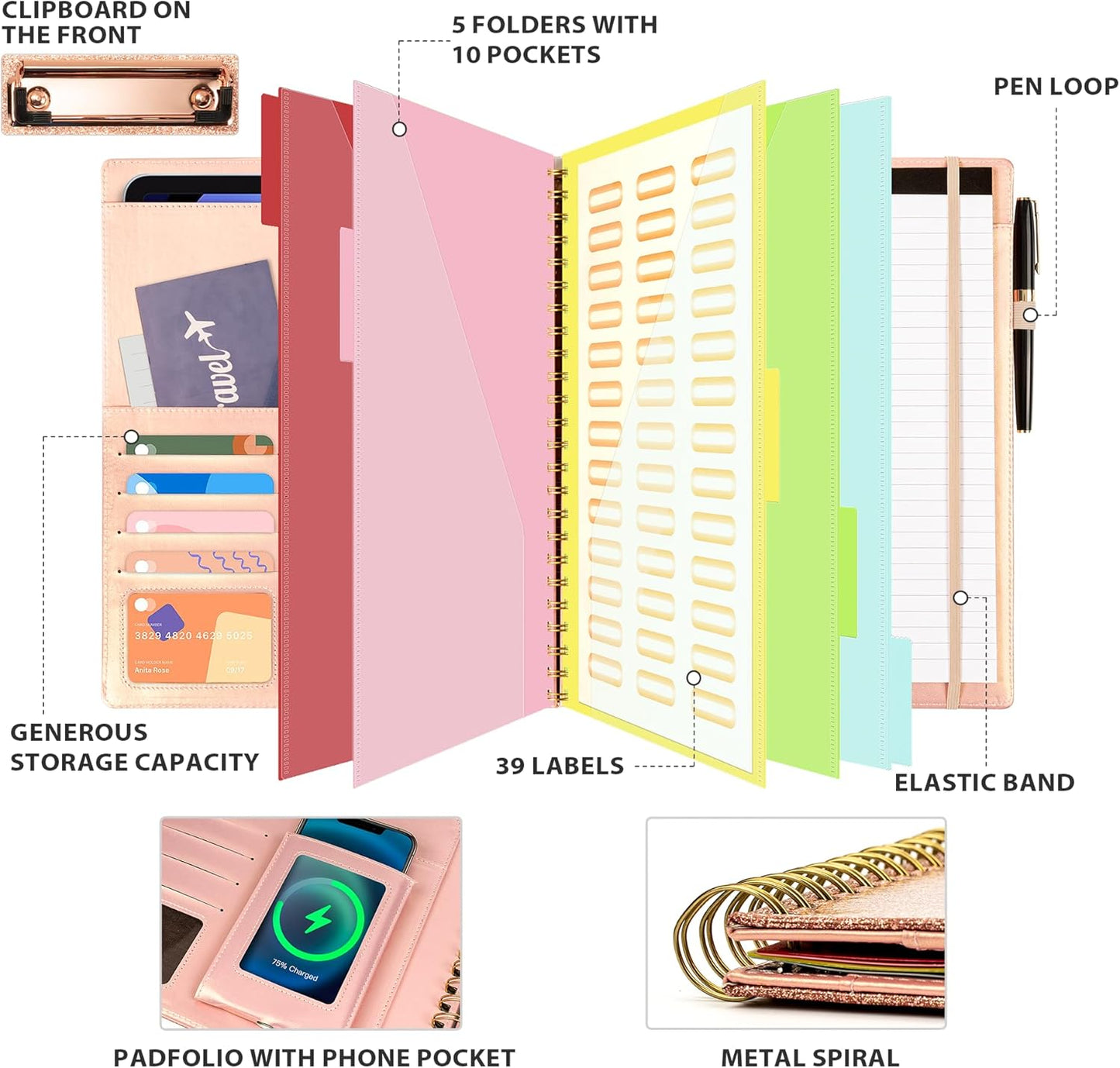 Clipboard with Storage for Men Women, Leather Padfolio Portfolio Organizer 5 Folders with 10 Pockets, Spiral Clipboard Folio with Notepad for Letter Size, Elastic Closure and Pen Loop Rose Gold