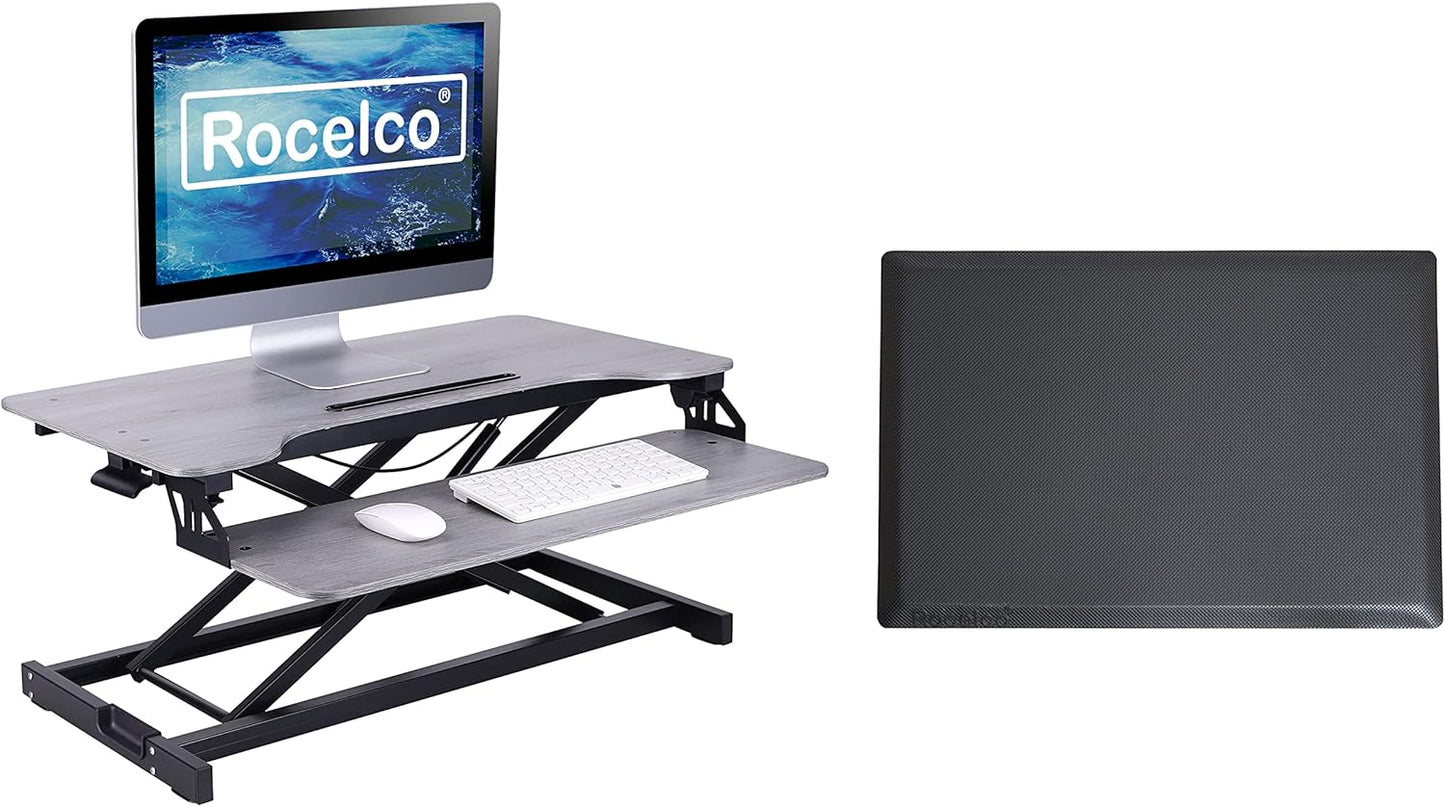 Rocelco Standing Desk Converter and Floor Mat - 31.5 Inch Sit Stand Up Dual Monitor Tabletop Riser with Tablet Mount, Height Adjustable Workstation - Deep Keyboard Tray - Gray (R VADRG-MAFM)