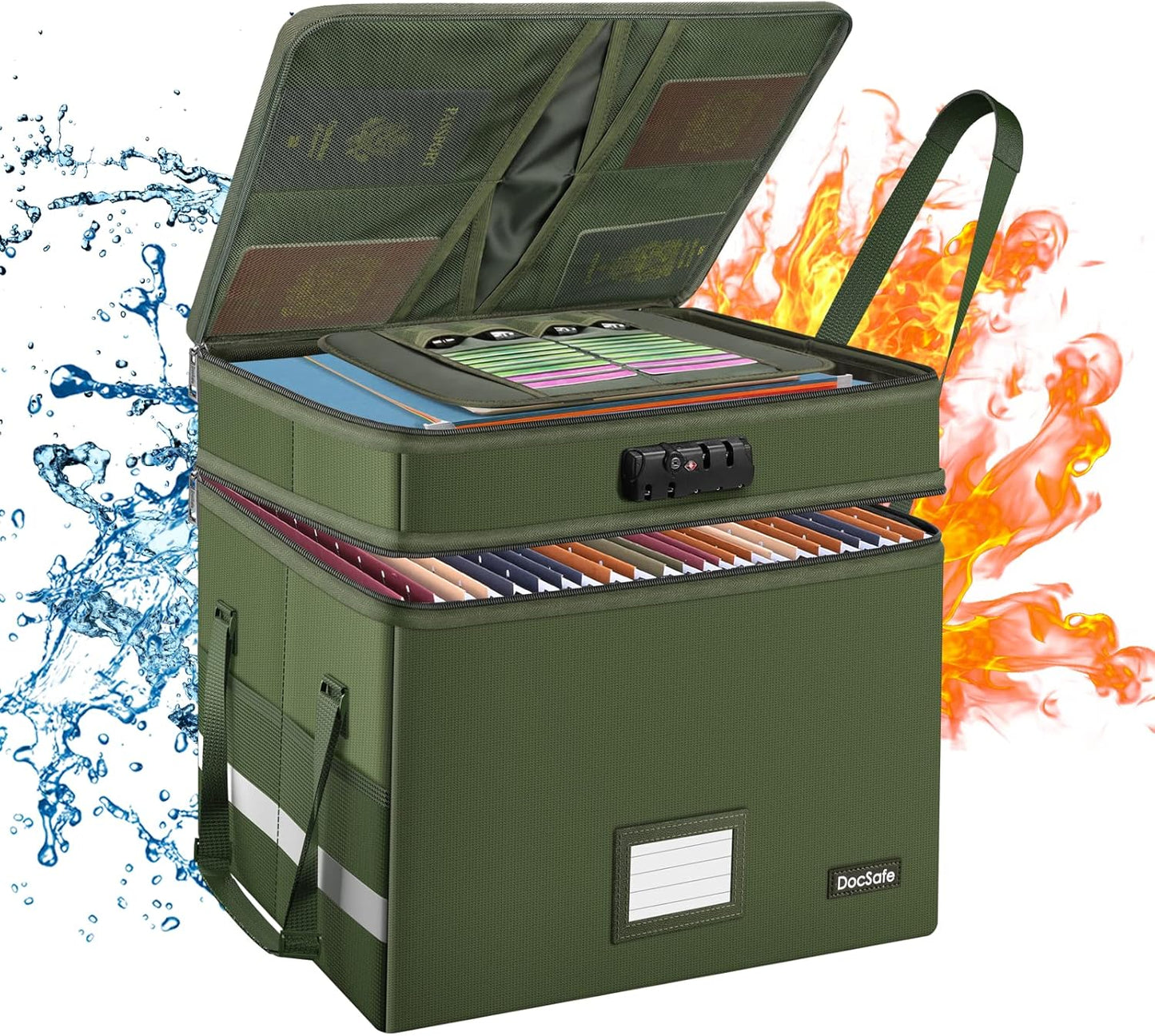 DocSafe File Box with Lock,Multi-Layer Fireproof Document Box Collapsible File Storage Organizer with Pockets/Handle,Portable Home Office Filing Cabinet for Hanging Letter/Legal Size Folders,Green