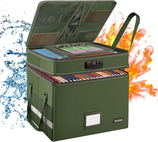 DocSafe File Box with Lock,Multi-Layer Fireproof Document Box Collapsible File Storage Organizer with Pockets/Handle,Portable Home Office Filing Cabinet for Hanging Letter/Legal Size Folders,Green