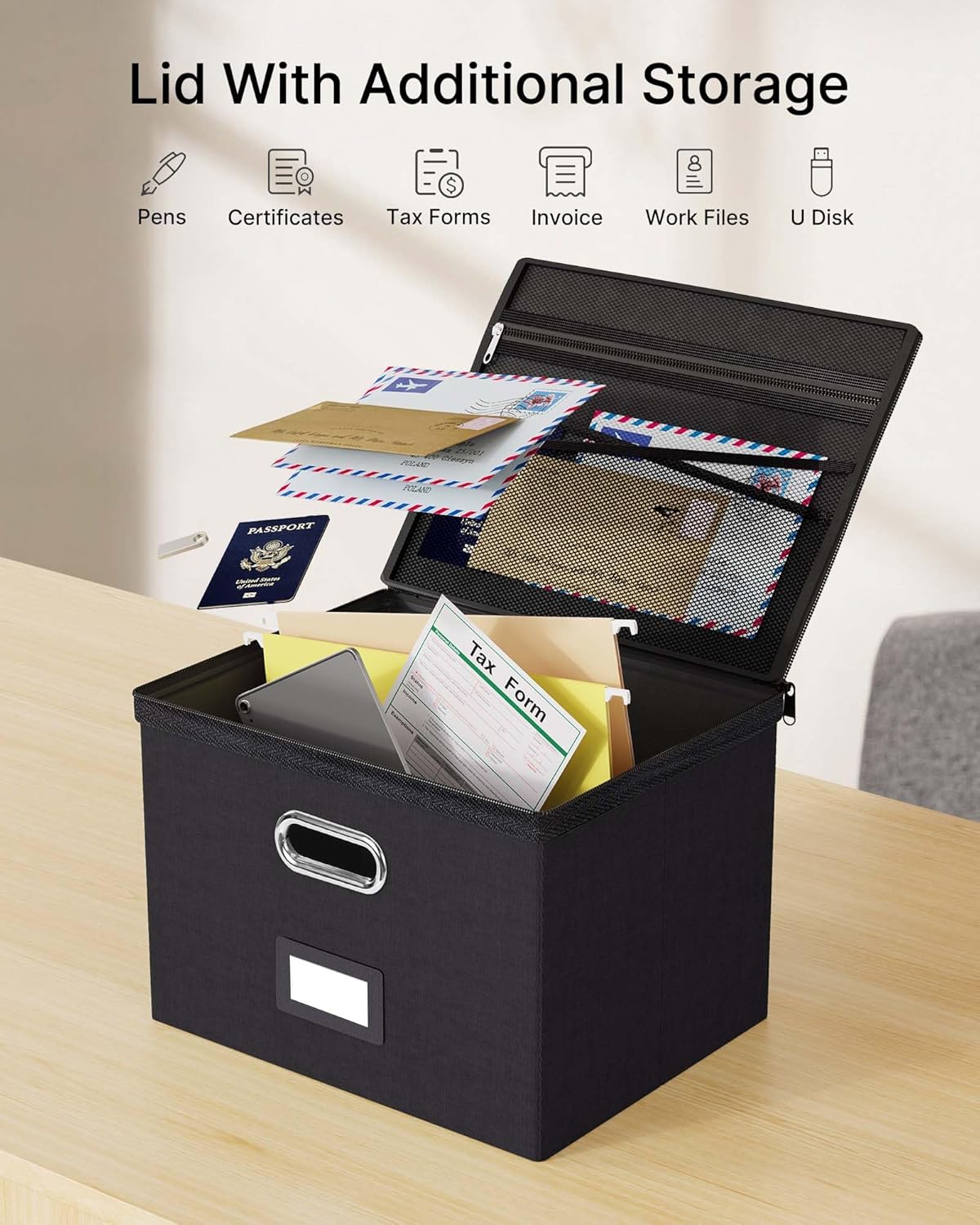 Oterri 2 Pack Large File Organizer Boxes with Lids, File Box with Mesh Pockets, Document Organizer Box for Letter/Legal Size Folders, Zippers Important Document Organizer (Black, Without Folders)