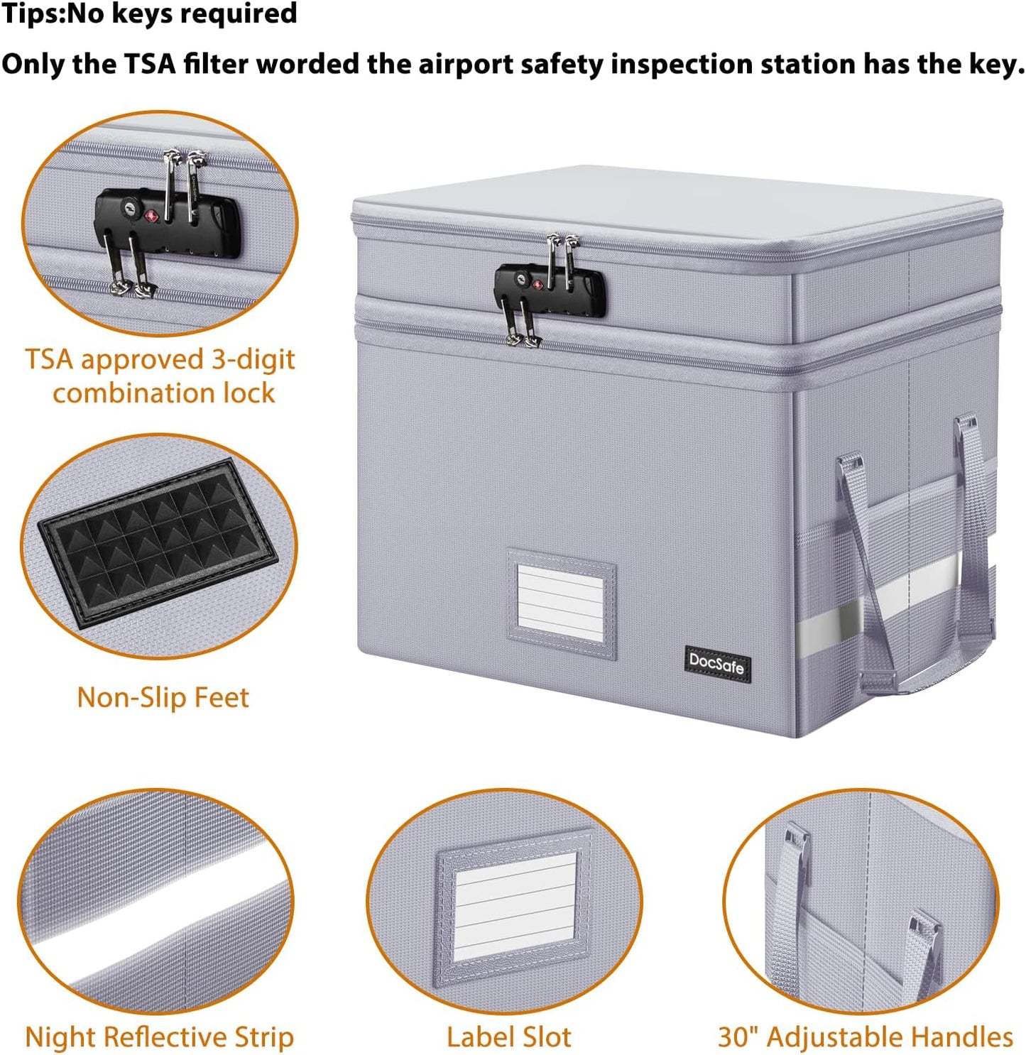 DocSafe File Box with Lock,Multi-Layer Fireproof Document Box Collapsible File Storage Organizer with Pocket,Large Portable Home Office Filing Cabinet Safe for Hanging Letter/Legal Size Folder,Silver