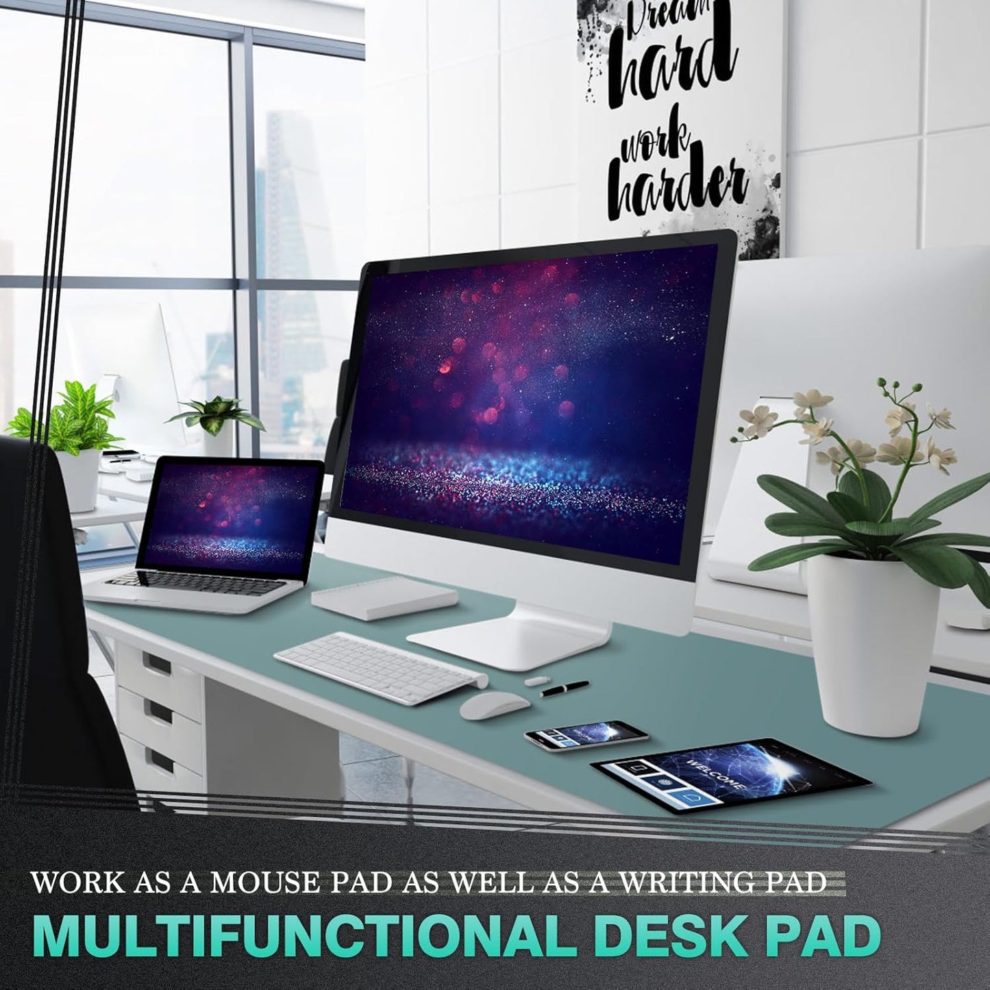 K KNODEL Large Office Leather Desk Mat, Mouse and Keyboard Pad, Computer and Laptop Mat, Desktop Protector and Cover, Writing Pad and Blotter (47.2"x17", Green)